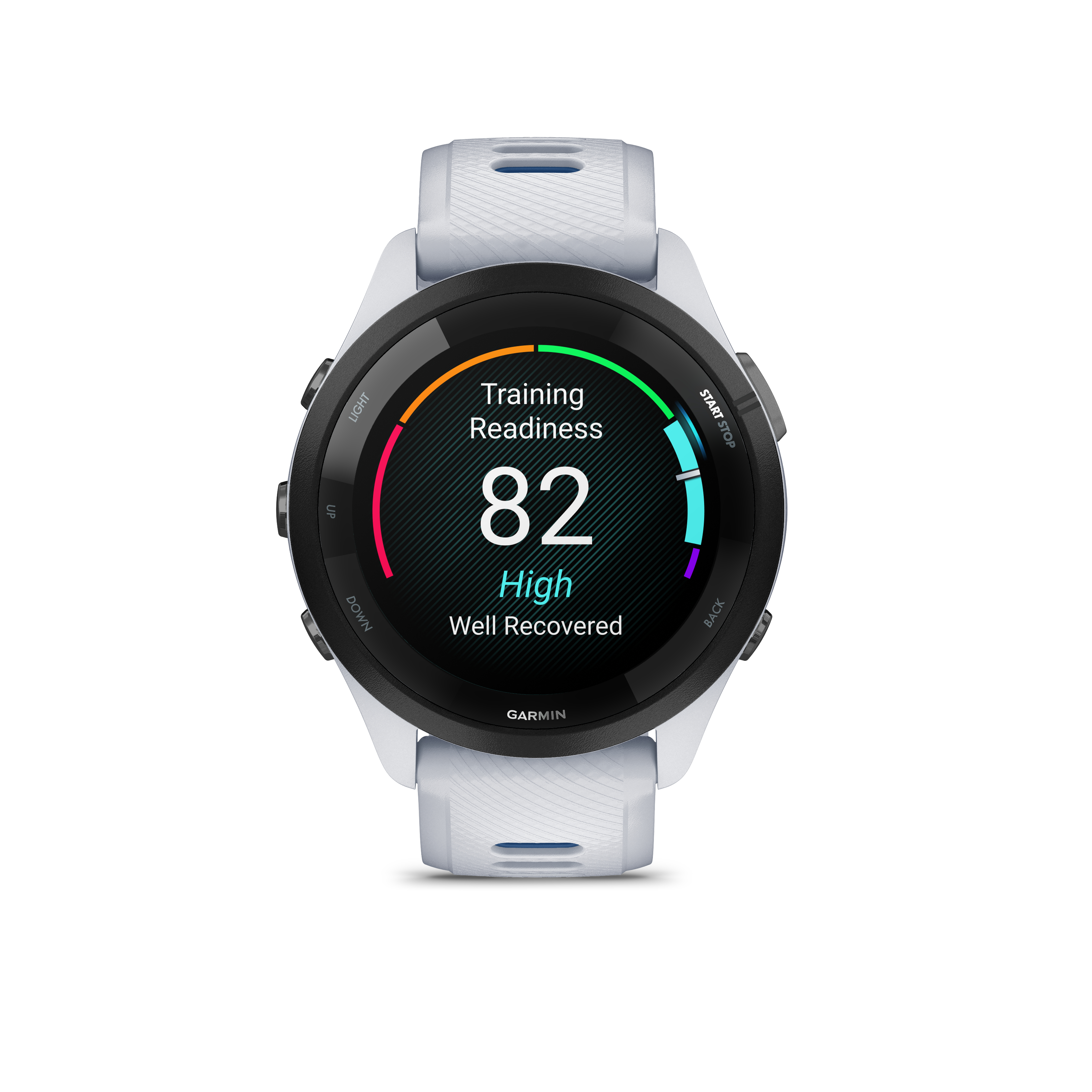 Weiße Garmin Uhr mit rundem Display zeigt Trainingsbereitschaft 82.