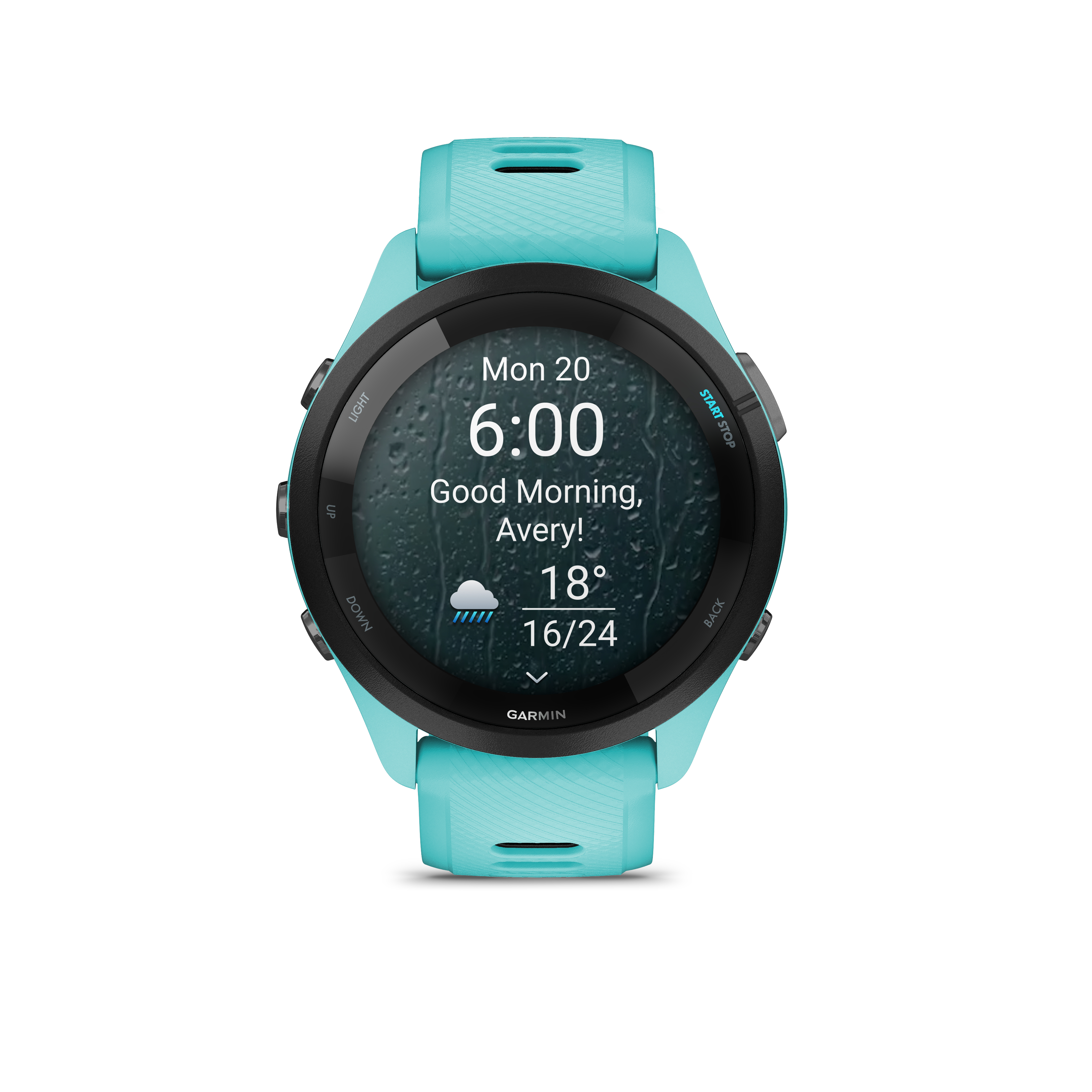 Türkiser Garmin Smartwatch mit Wetteranzeige: 6:00, 18°, Regen.