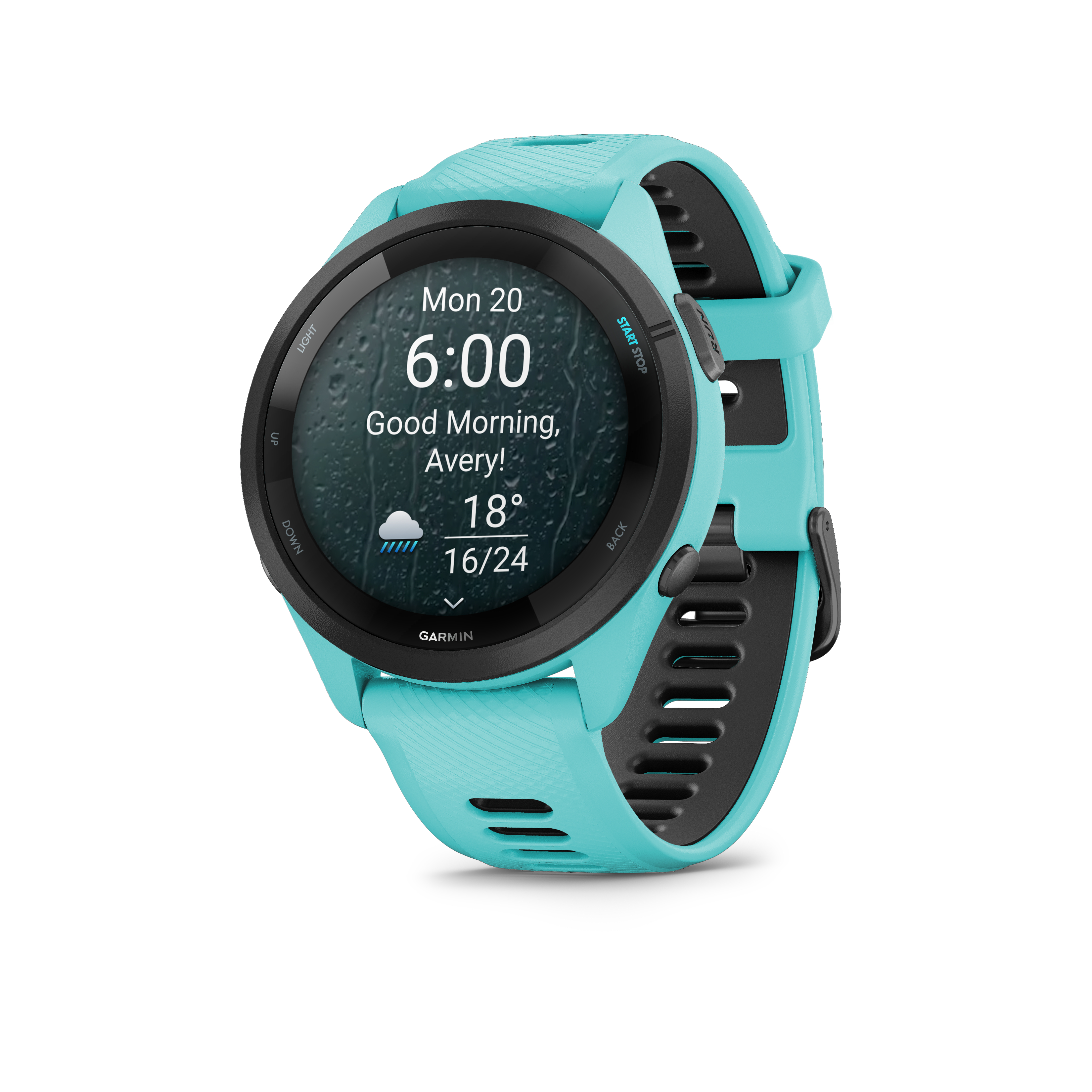 Türkisfarbene Smartwatch mit schwarzem Armband, zeigt Wetter und Uhrzeit an.