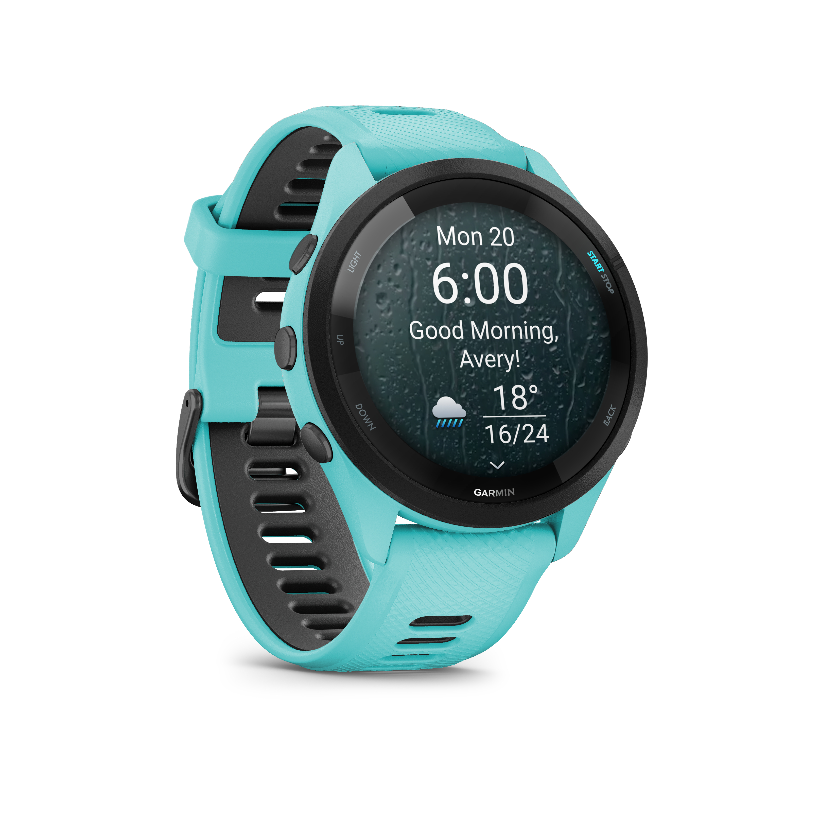 Türkisfarbene Garmin Smartwatch mit Regenhintergrund auf dem Display.