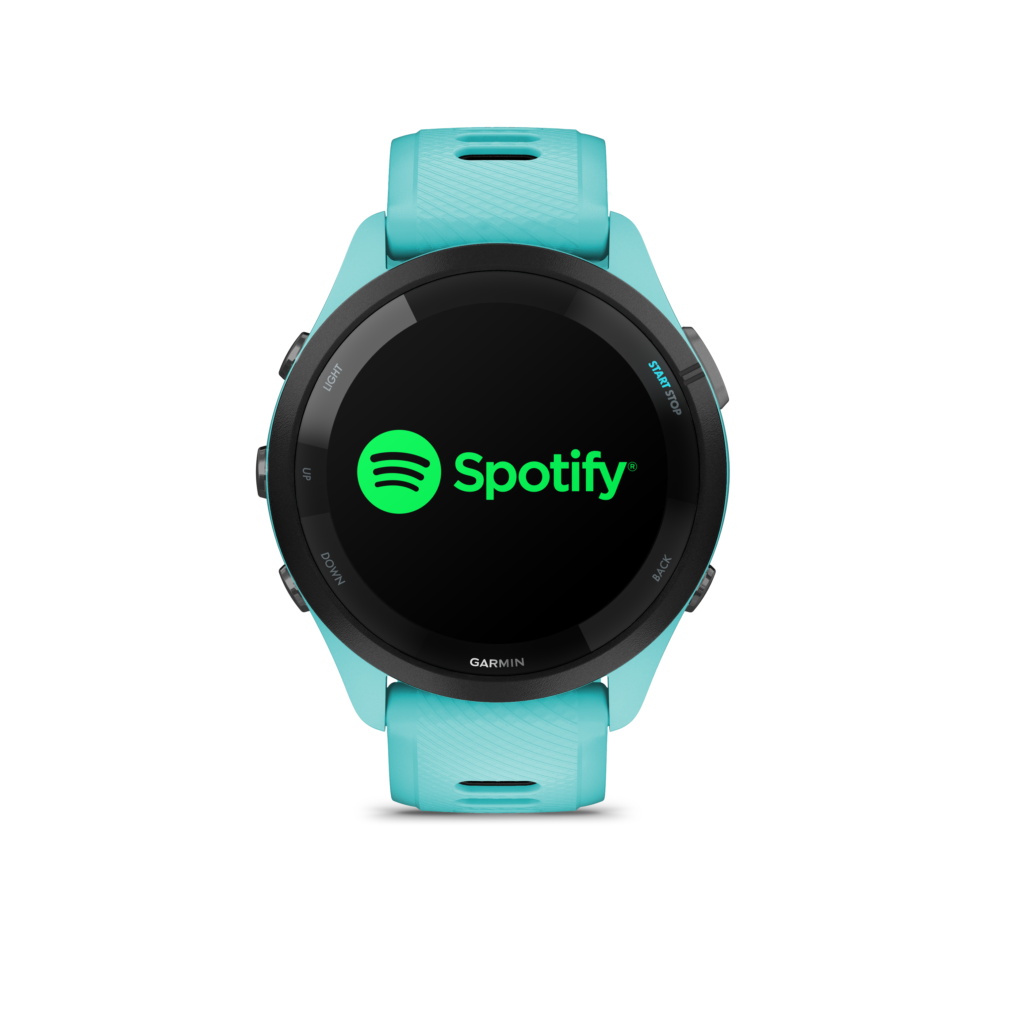 Türkisblaue Smartwatch mit Spotify-Logo auf dem Bildschirm.