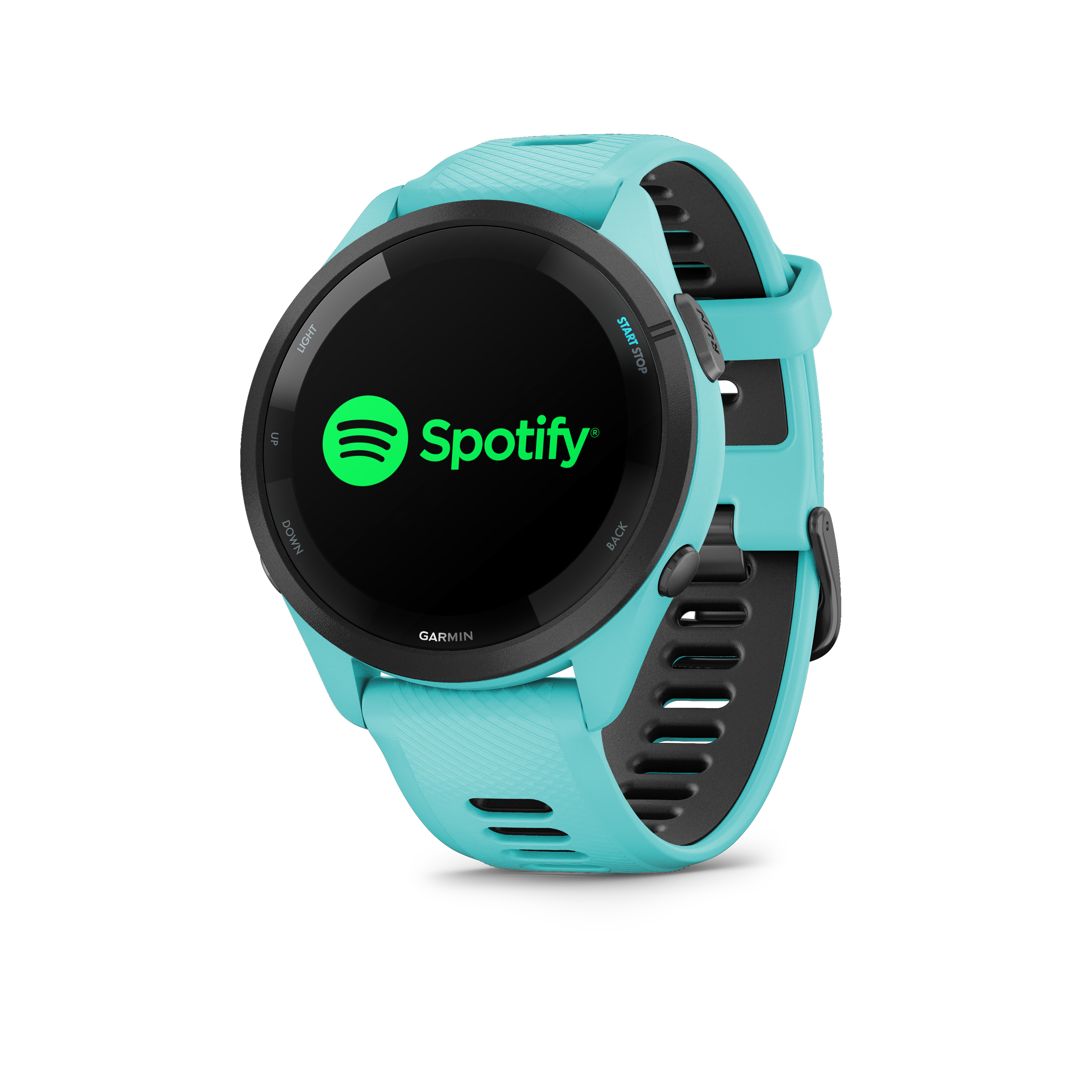 Ein türkisfarbener Garmin-Smartwatch mit Spotify-Logo auf dem Display.