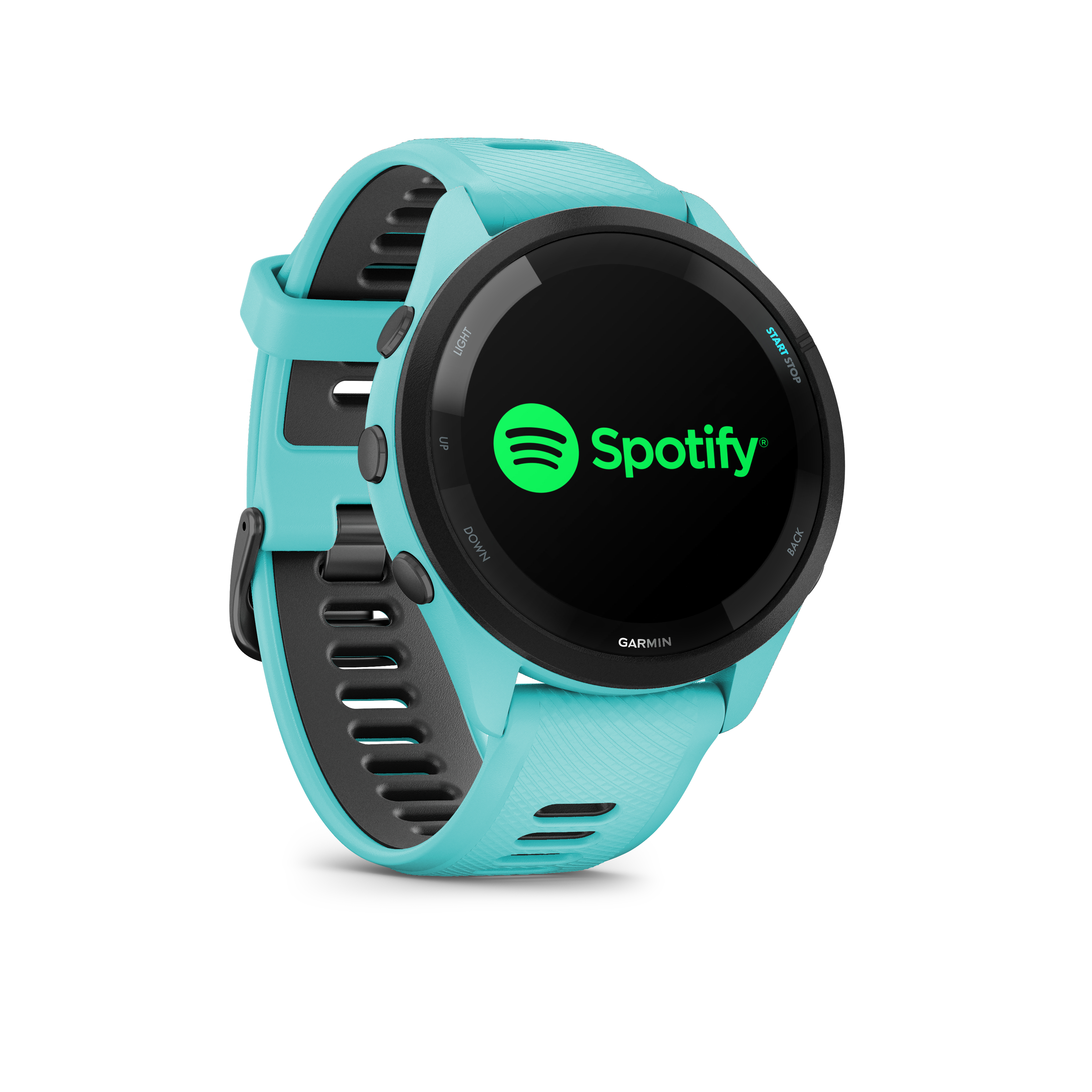 Ein türkisfarbener Garmin Smartwatch mit Spotify-Logo auf dem schwarzen Display.