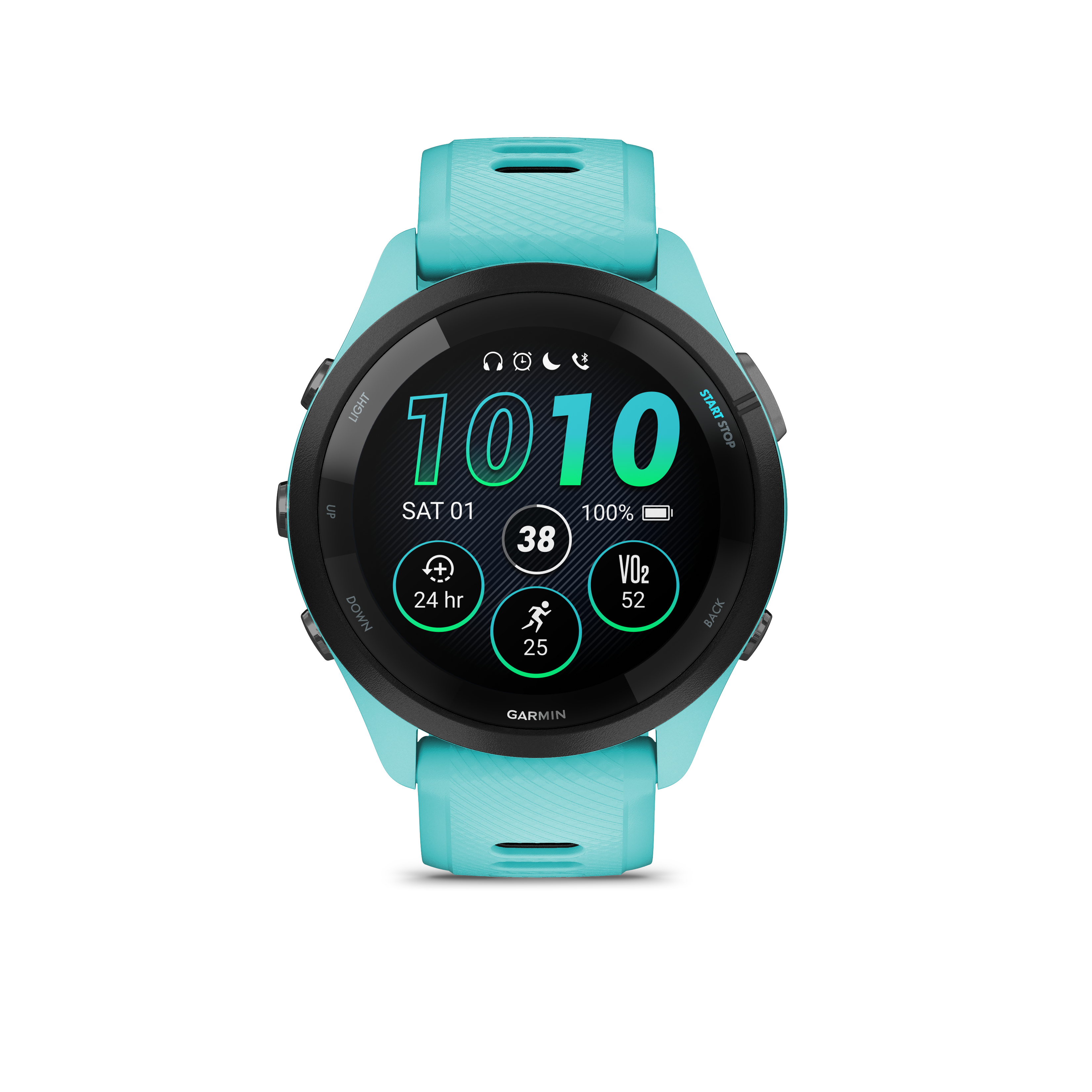 Türkisene Garmin Smartwatch mit schwarzem Display zeigt 1010, Datum, Akku.