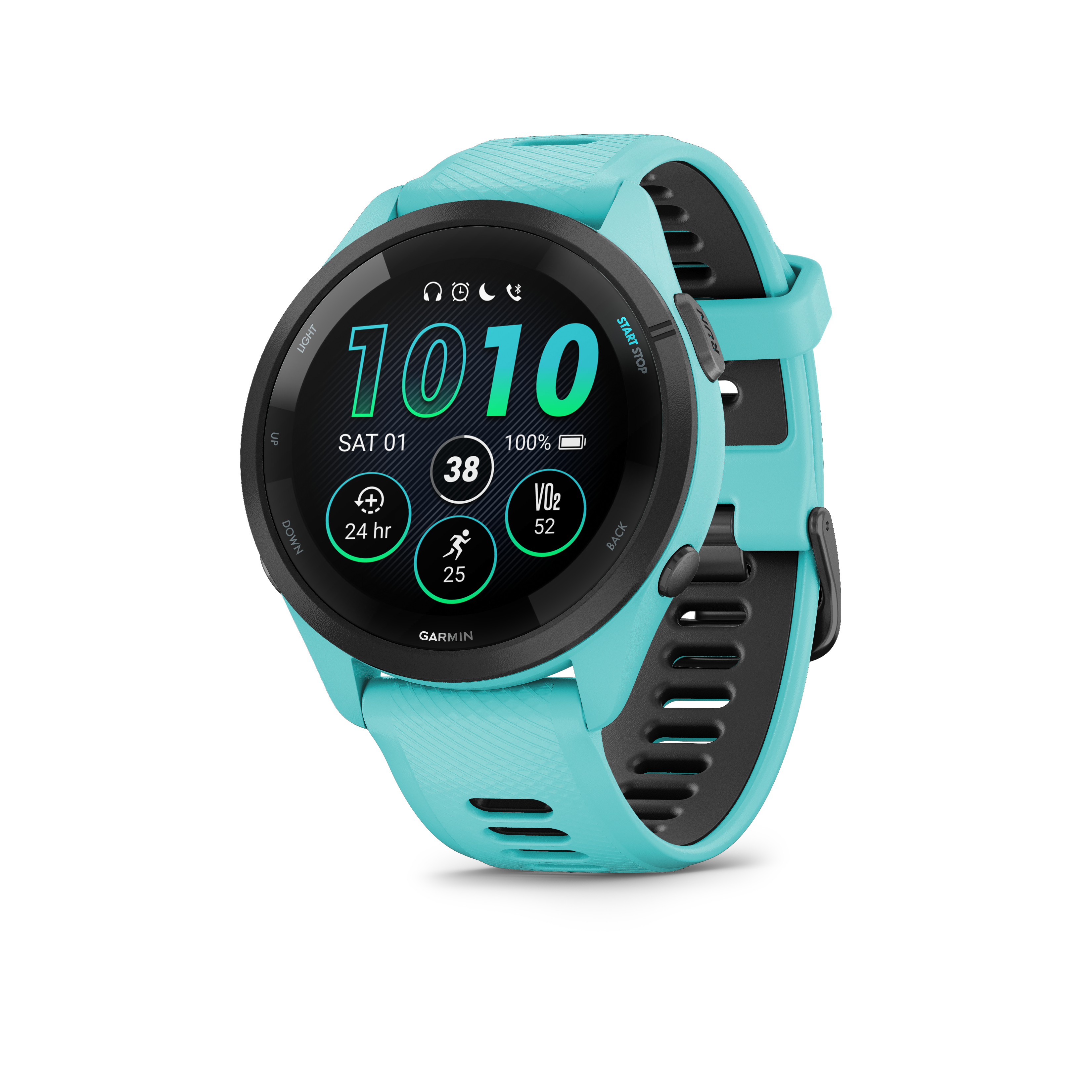 Eine türkisfarbene Garmin-Smartwatch mit schwarzem Armband auf weißem Hintergrund.