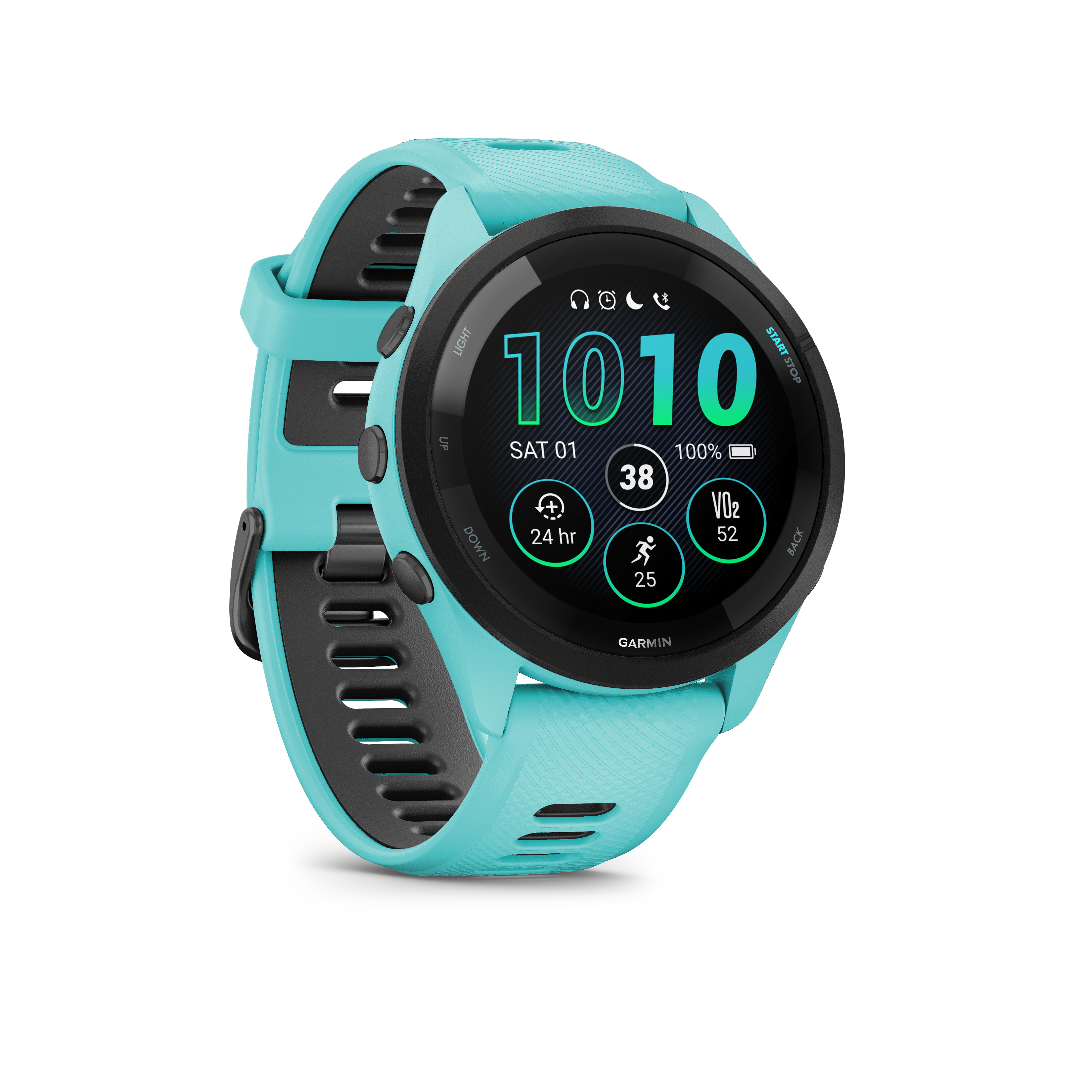 Türkisfarbene Smartwatch mit schwarzem Armband auf weißem Hintergrund.