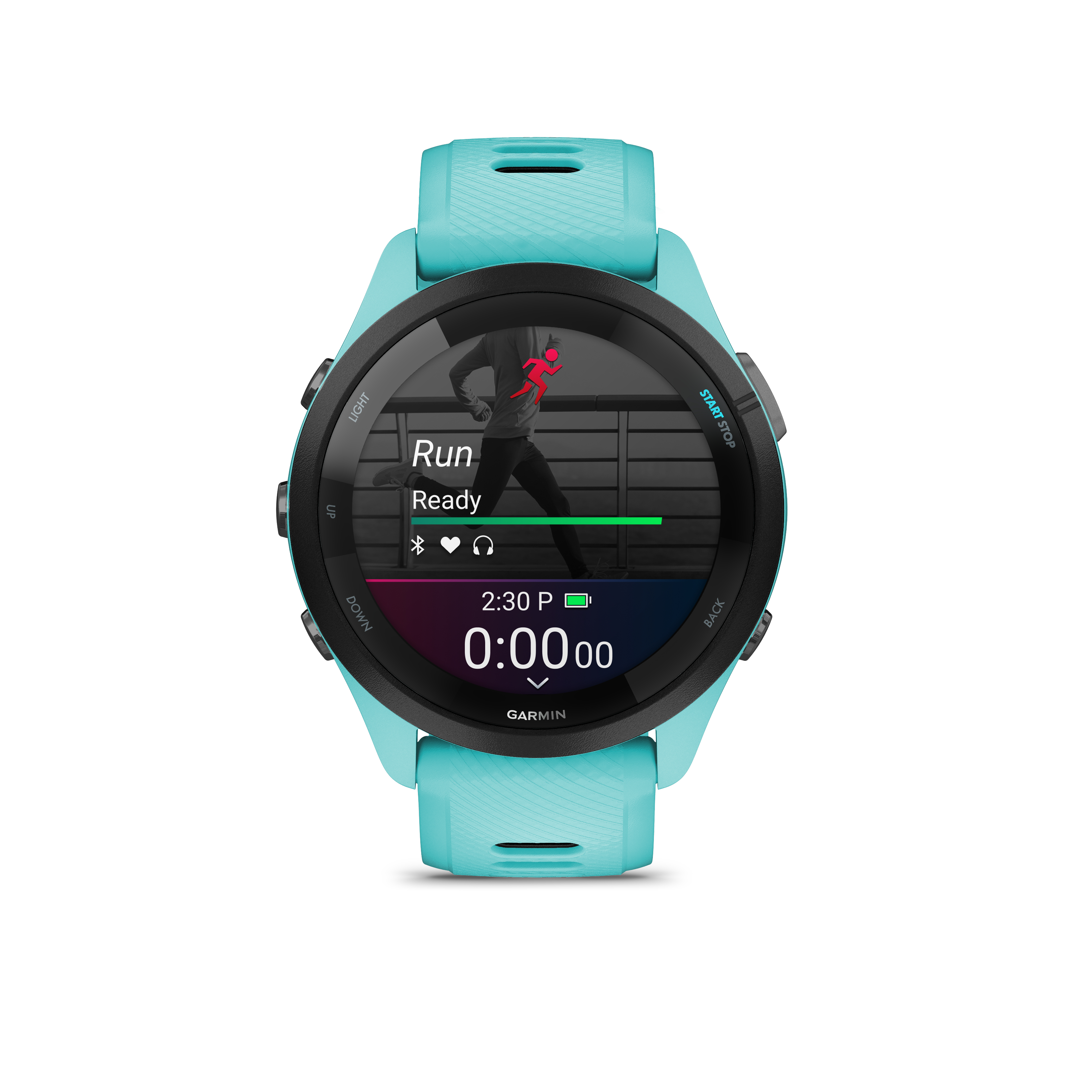 Türkisfarbene Smartwatch mit Laufbildschirm und Timer.