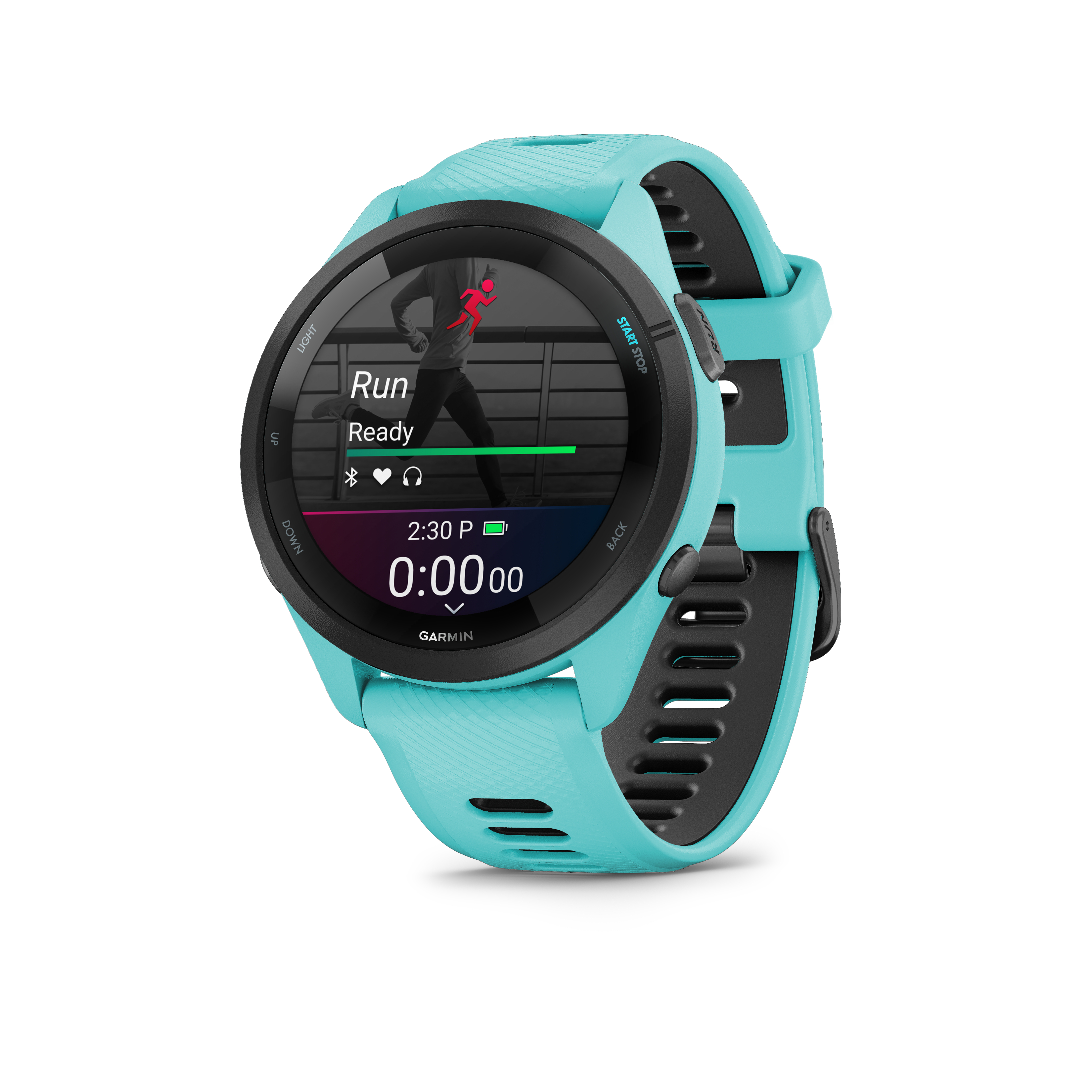 Türkis-blaue Smartwatch mit schwarzem Armband, zeigt 'Run Ready' und Zeit an.