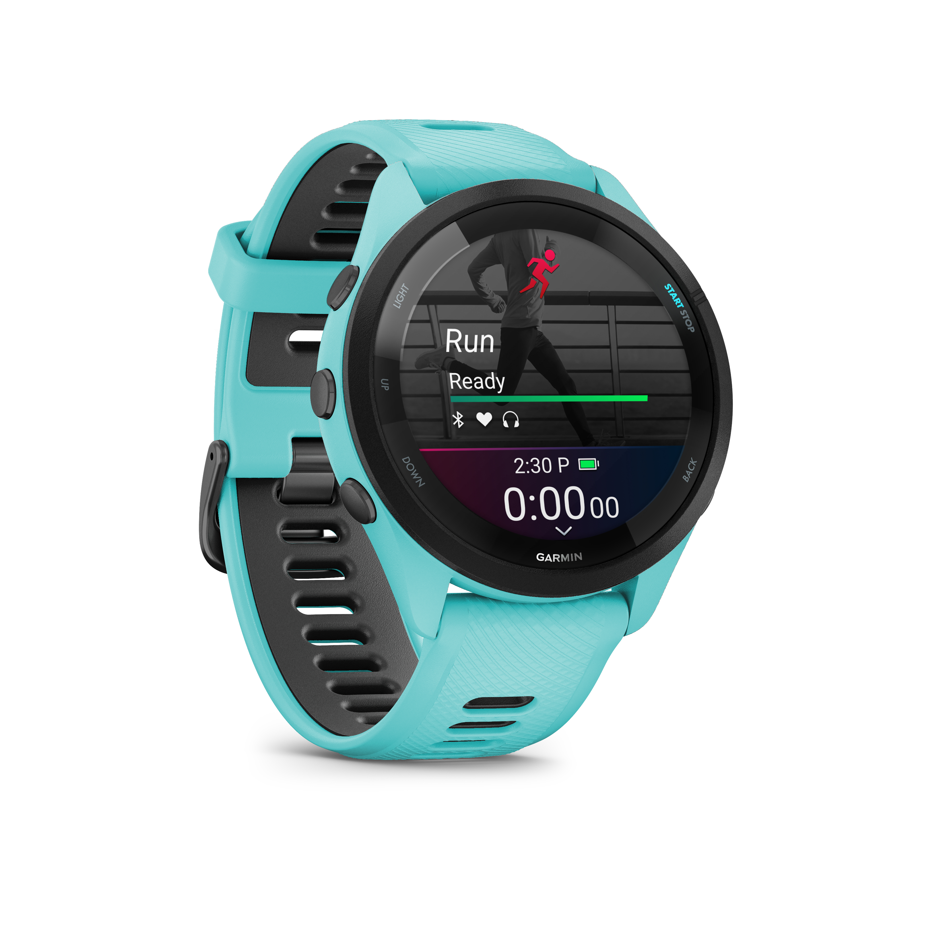 Türkiser Garmin-Laufuhr mit Läufer-Symbol und Timer auf dem Display.