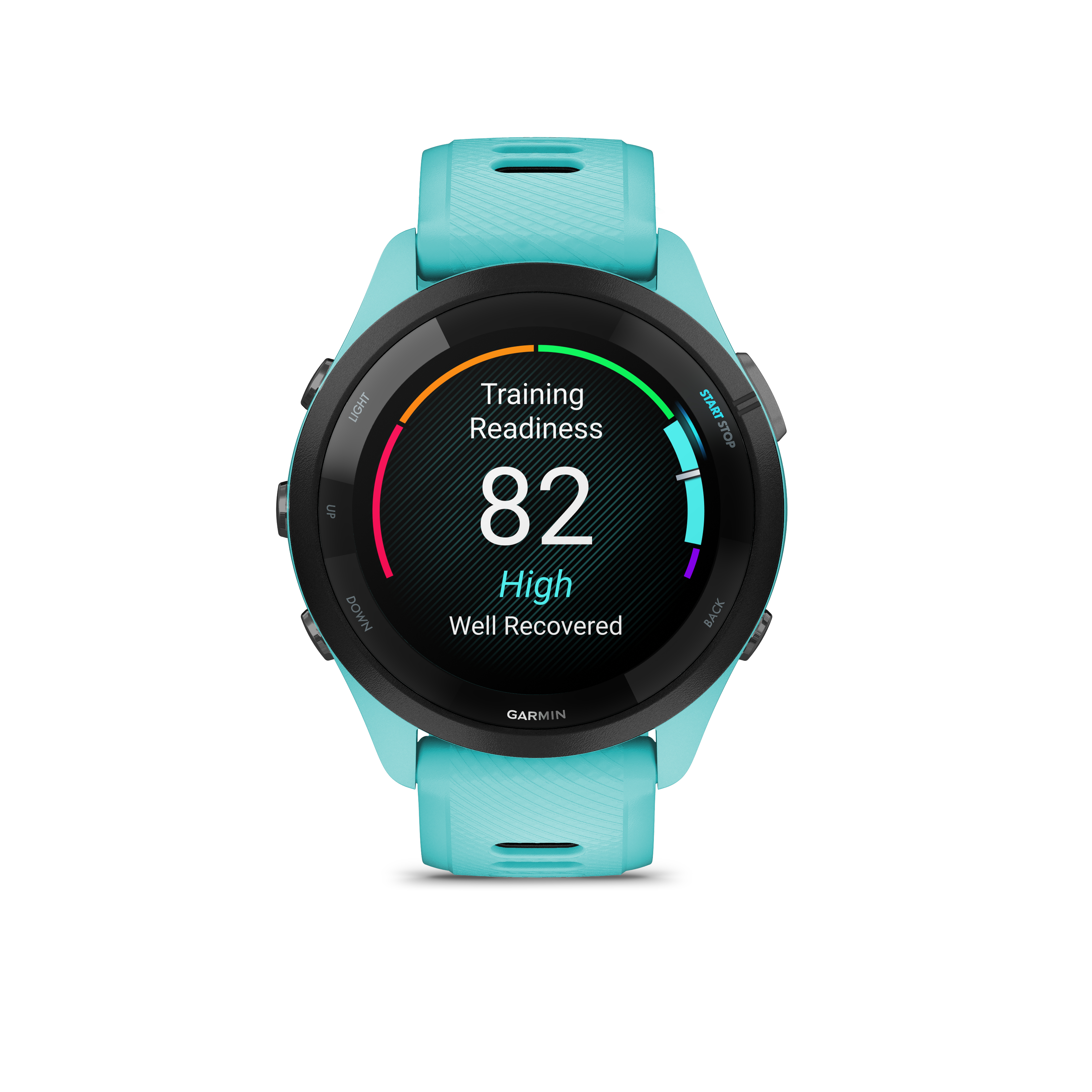 Türkiser Garmin Smartwatch zeigt Trainingsbereitschaft 82.