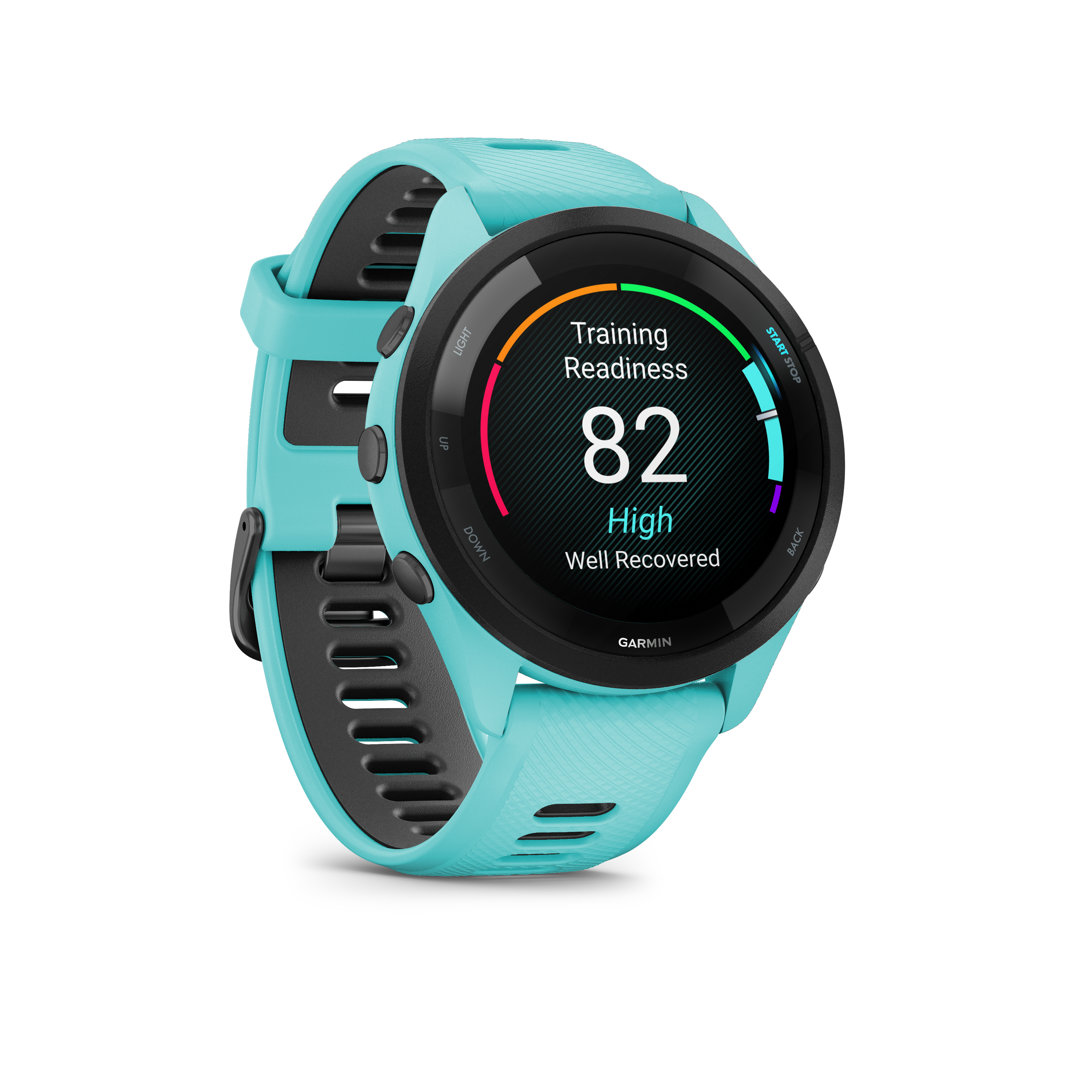 Ein türkisfarbene Garmin-Uhr mit einem Display, das eine hohe Trainingsbereitschaft anzeigt.