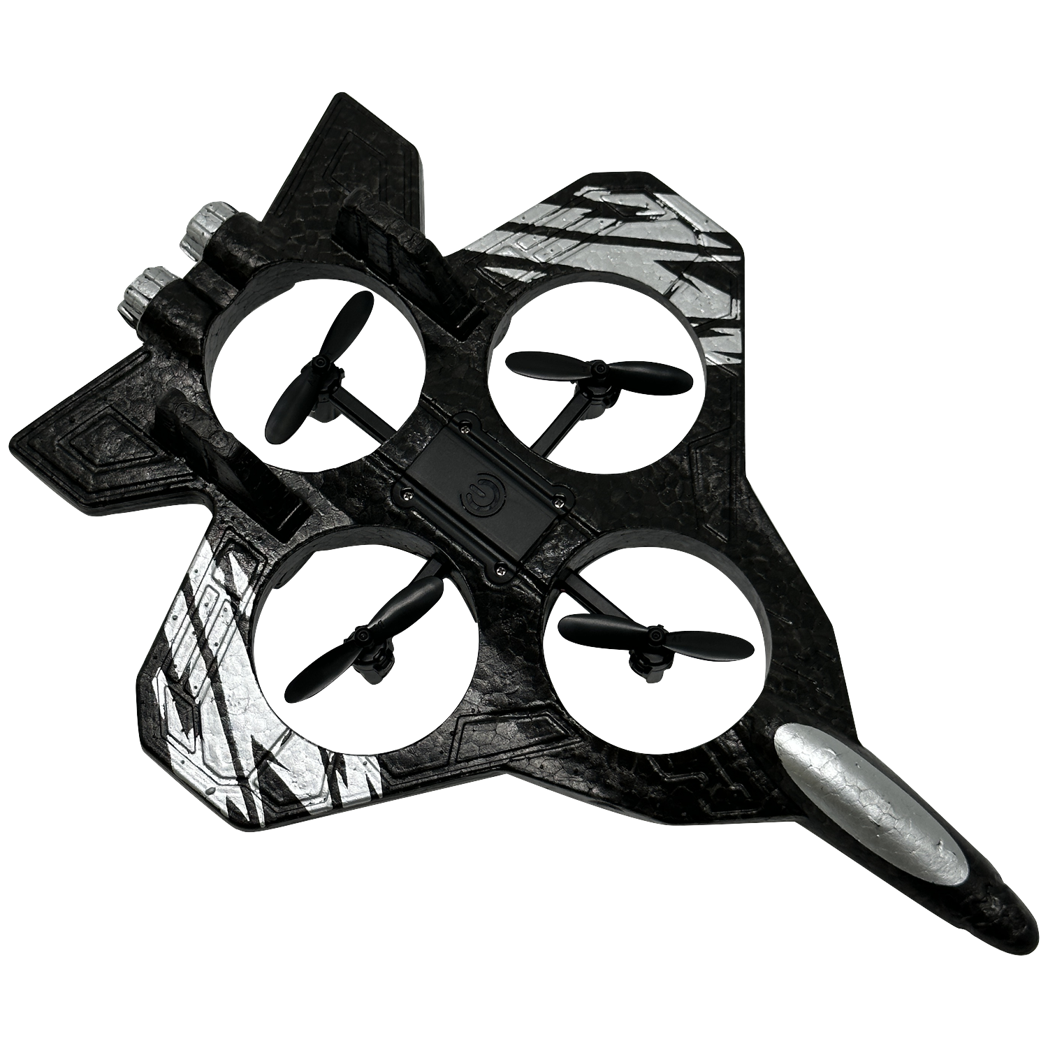 Zwarte drone jet met vier propellers en zilveren accenten.