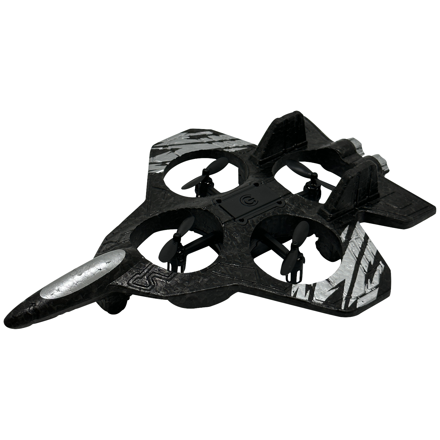 Een zwarte, vliegtuigvormige drone met vier propellers en zilveren accenten.