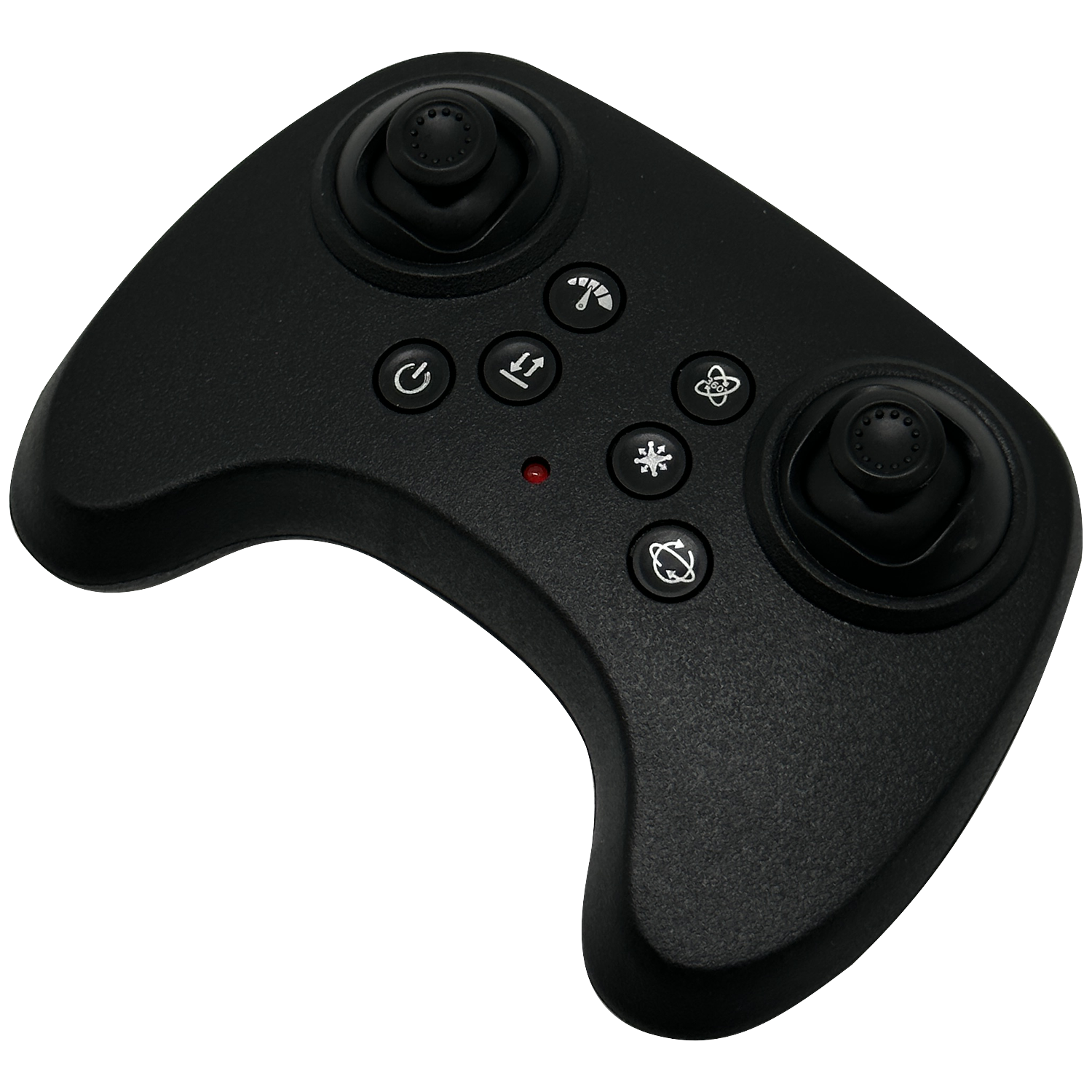 Zwarte drone afstandsbediening met joysticks, knoppen en rood lampje.