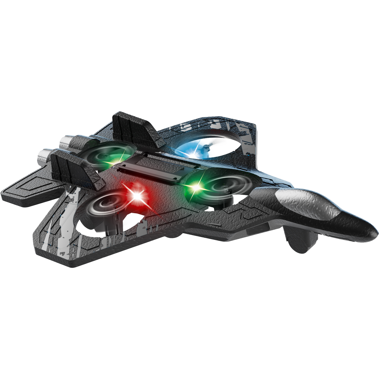 Een zwarte drone-jet met gloeiende rode, groene en blauwe lichten.