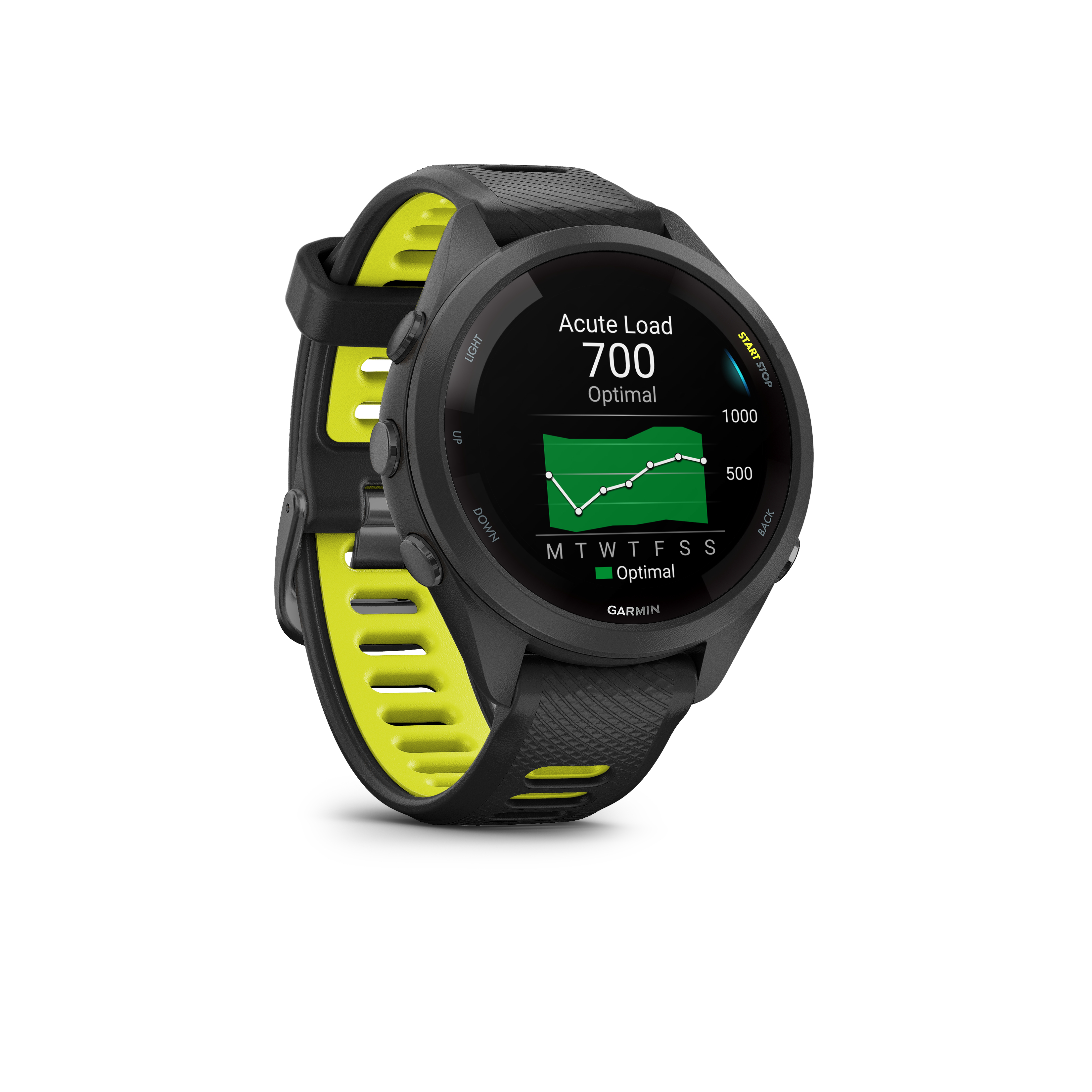 Schwarze Sportuhr mit neongelbem Armband zeigt Akute Belastung 700 an.