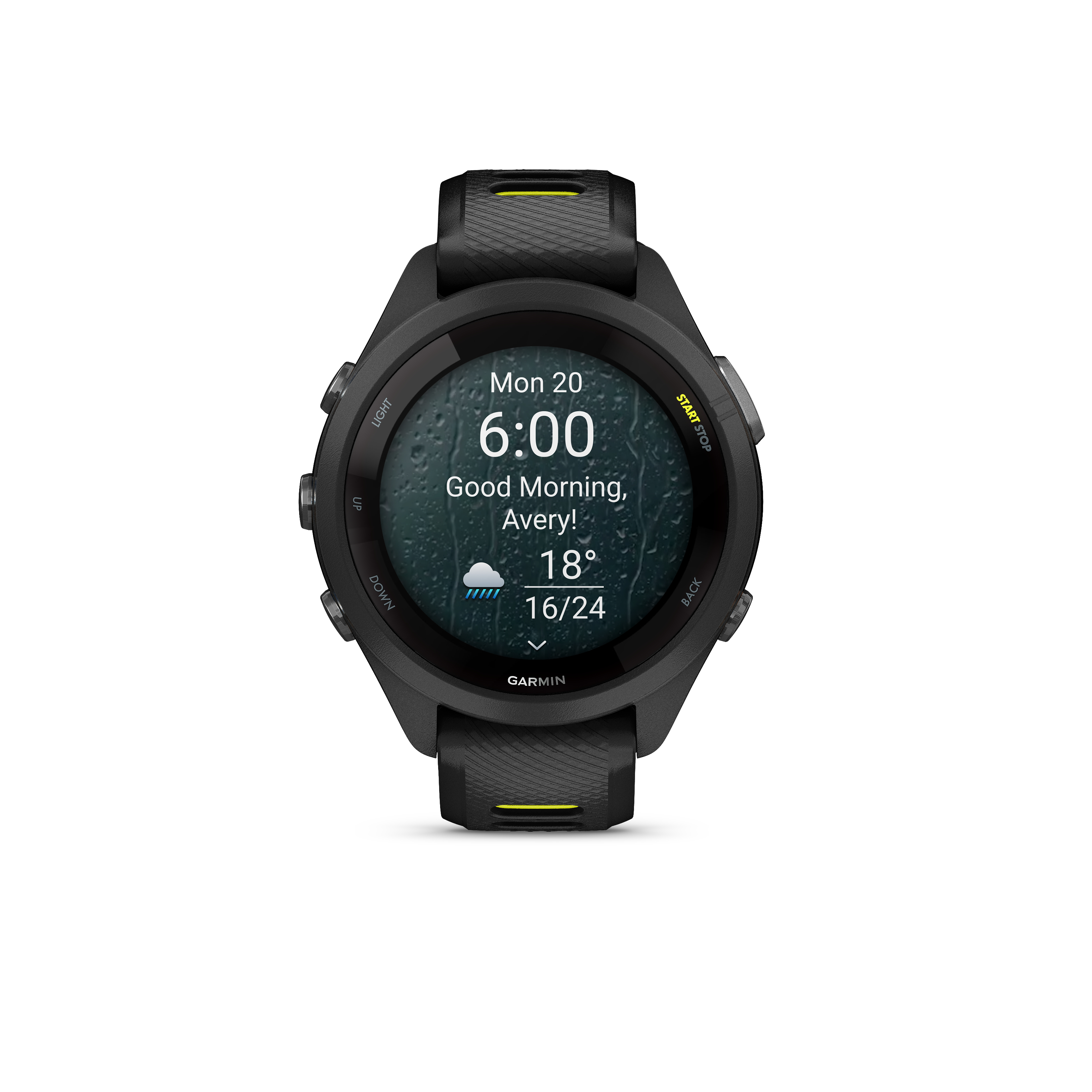 Schwarze Garmin Uhr zeigt 6:00 Uhr, gutes Morgen, Avery, 18°C.