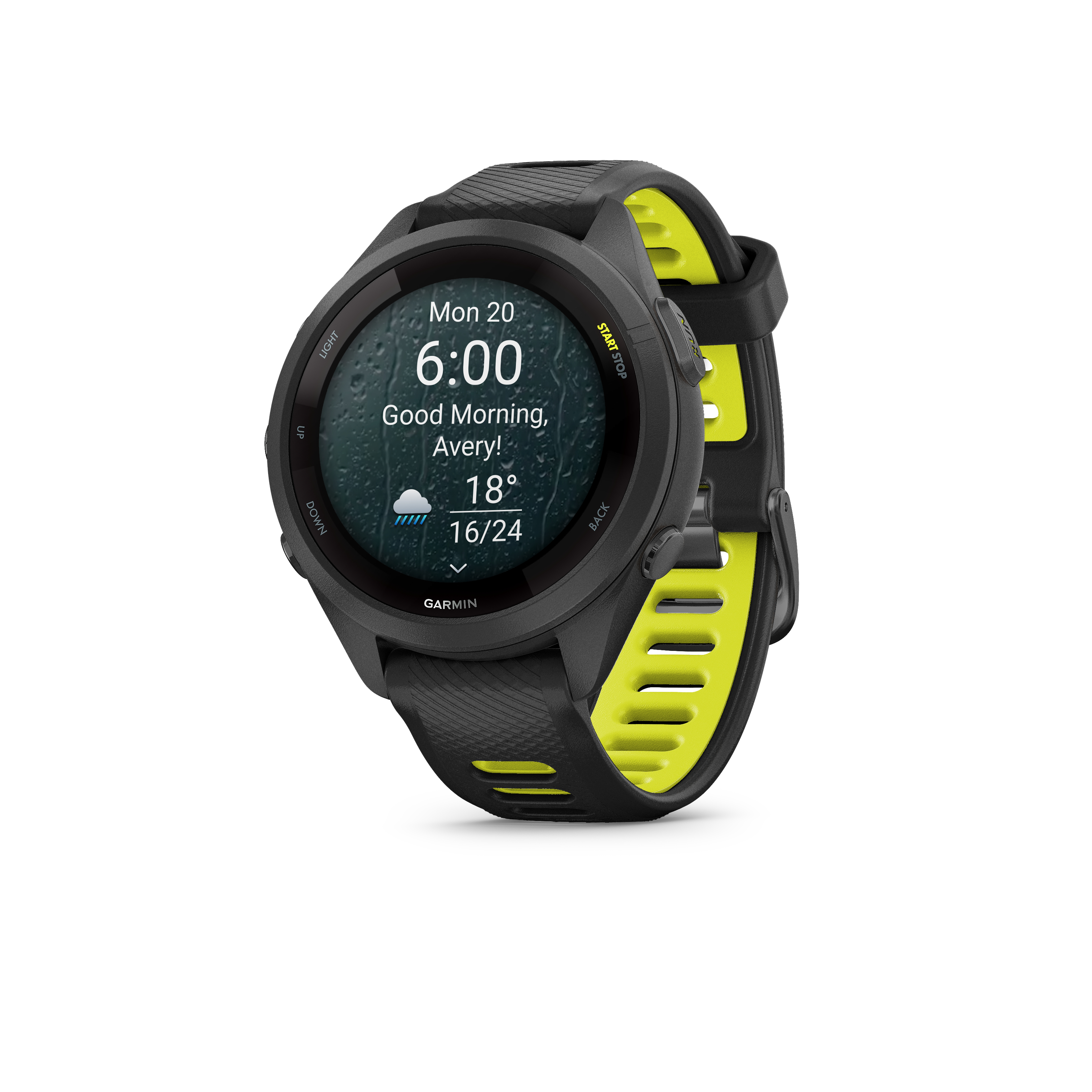 Schwarze Smartwatch mit Neongelb, zeigt Uhrzeit, Datum, Wetter und Begrüßung.