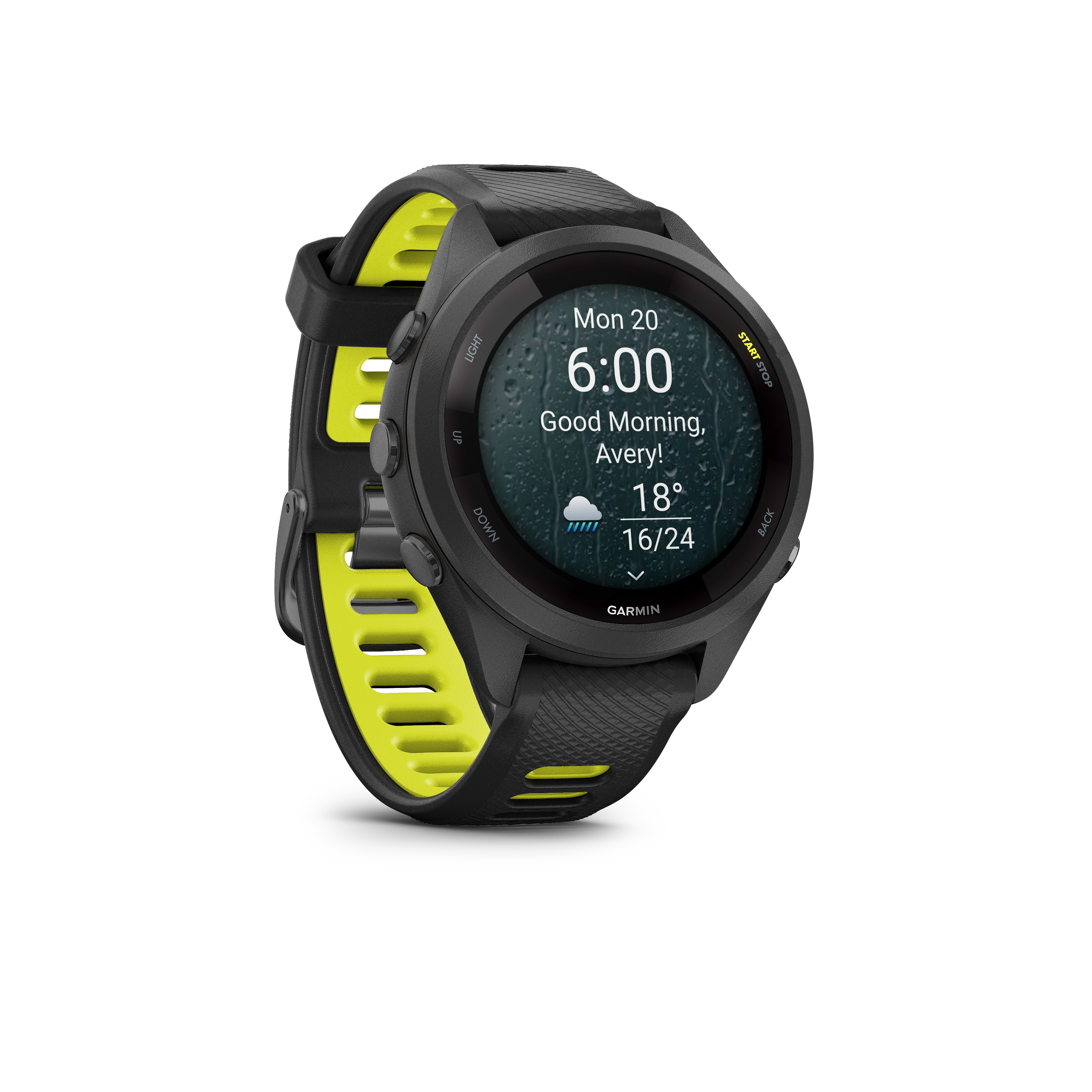 Graue Garmin Smartwatch mit neongelbem Armband. Zeigt 6:00 Uhr und Wetter an.