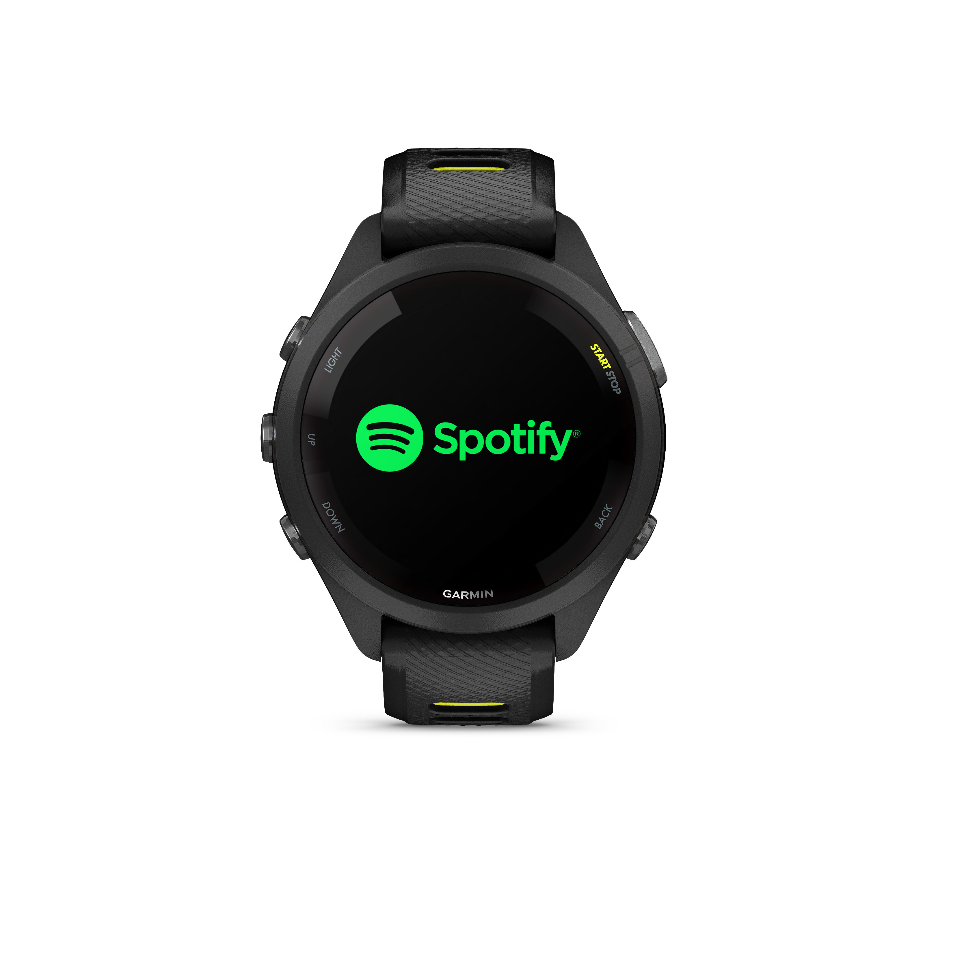 Schwarze Smartwatch mit Spotify-Logo auf dem Bildschirm und Garmin-Schriftzug.