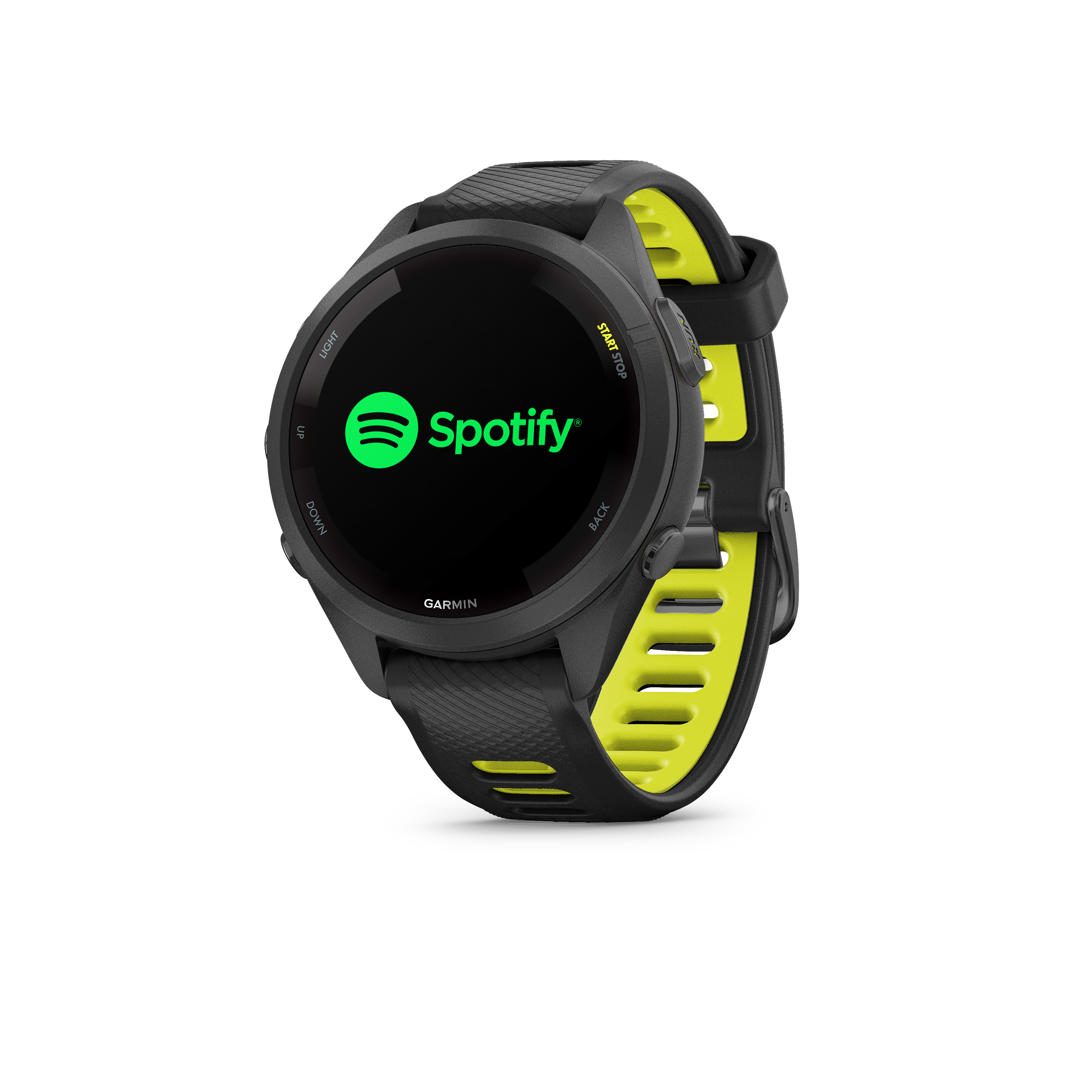 Schwarze Garmin-Smartwatch mit neongelben Akzenten und Spotify-Logo auf dem Display.
