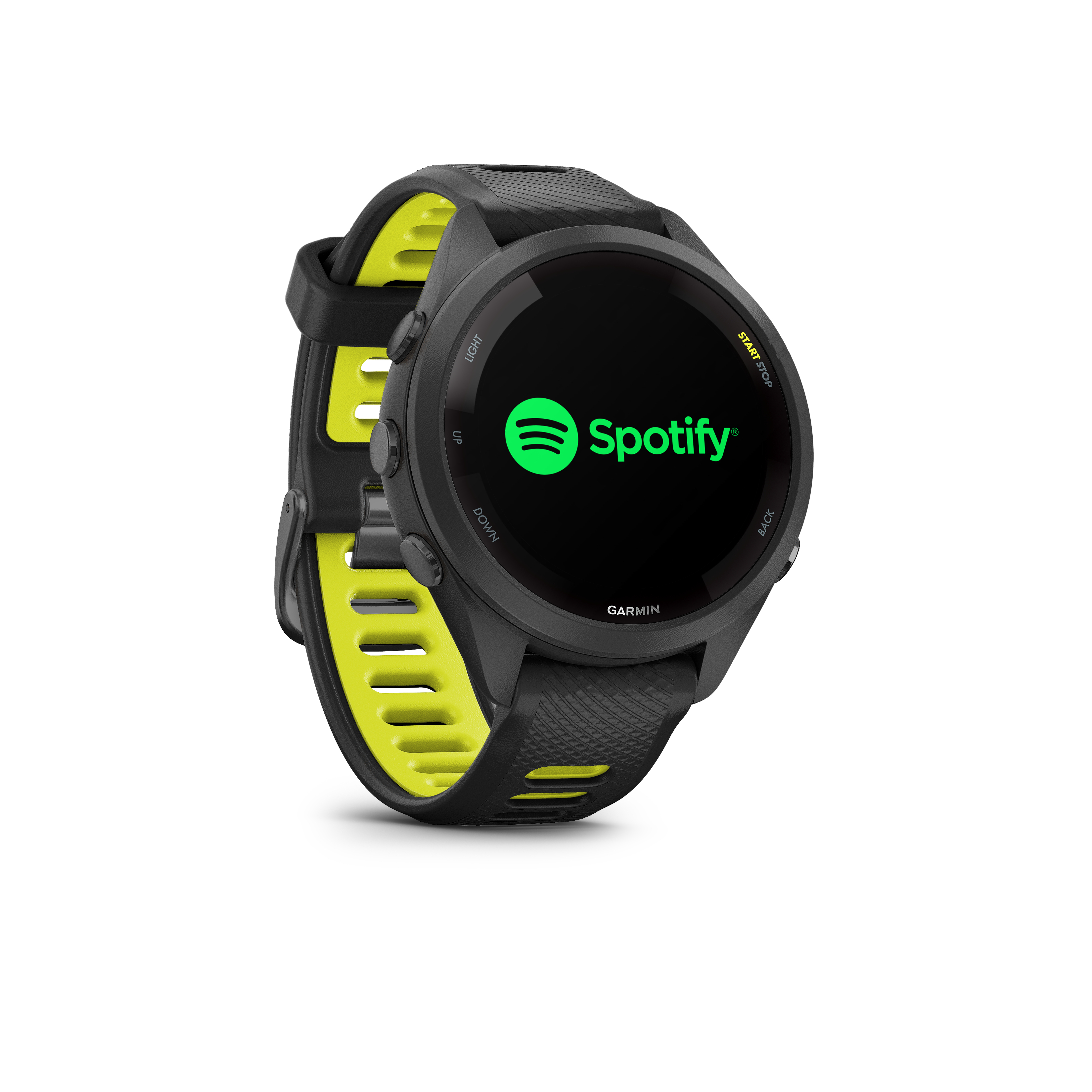 Schwarze Garmin-Uhr mit Spotify-Logo auf dem Bildschirm und neongelbem Band.