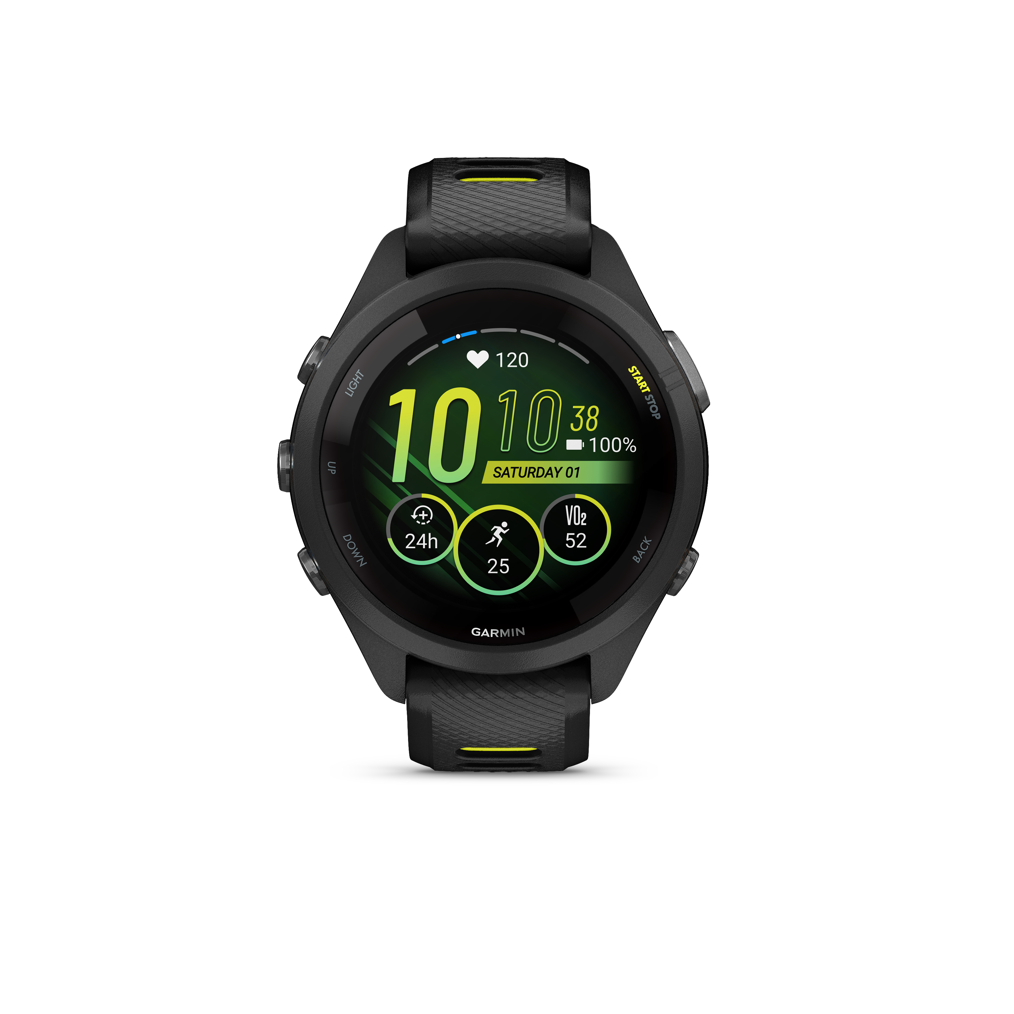 Schwarze Garmin-Smartwatch mit grünem Zifferblatt, zeigt Zeit, Herzfrequenz und Trainingsdaten.
