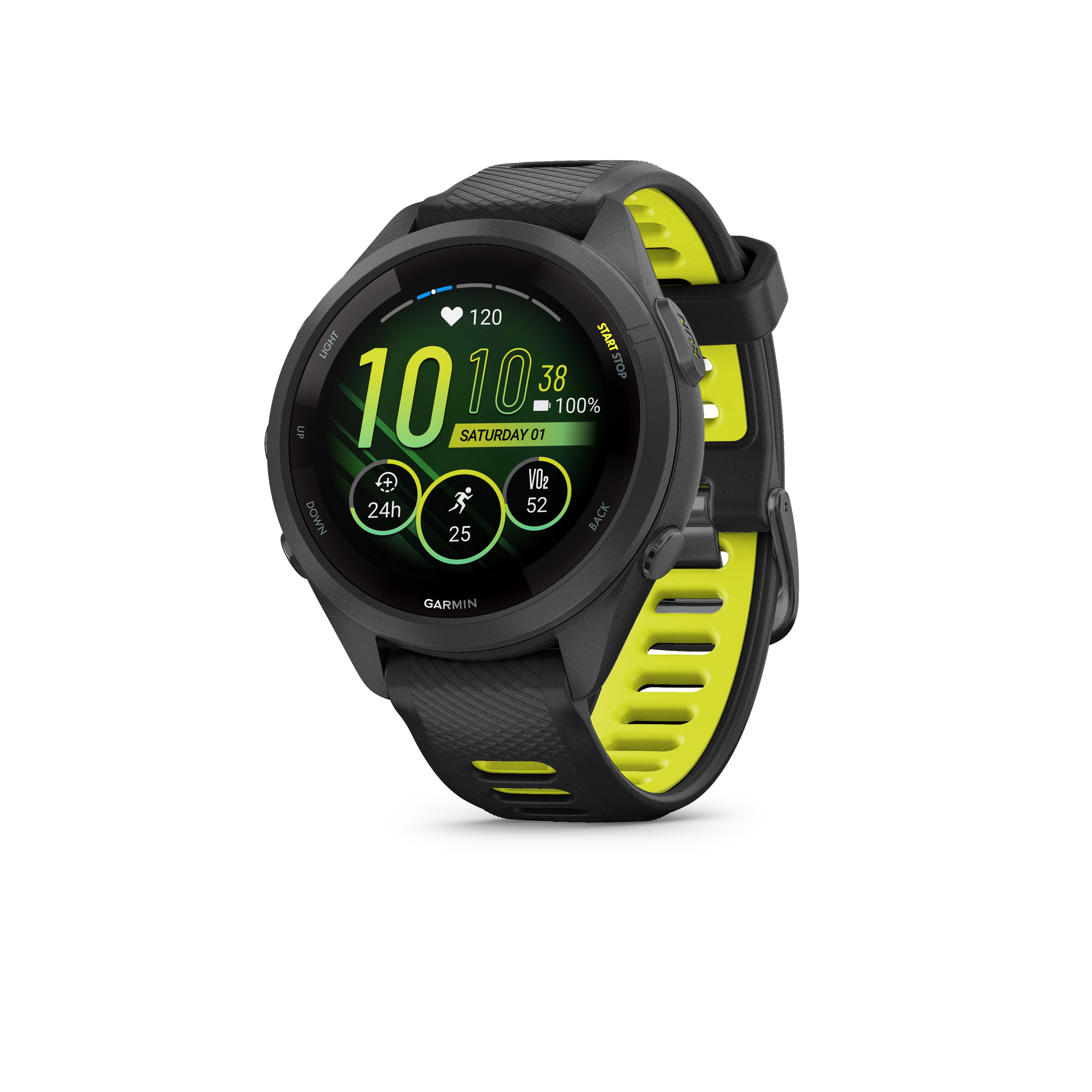 Schwarze Garmin Smartwatch mit gelben Akzenten und Sportdaten auf dem Display.