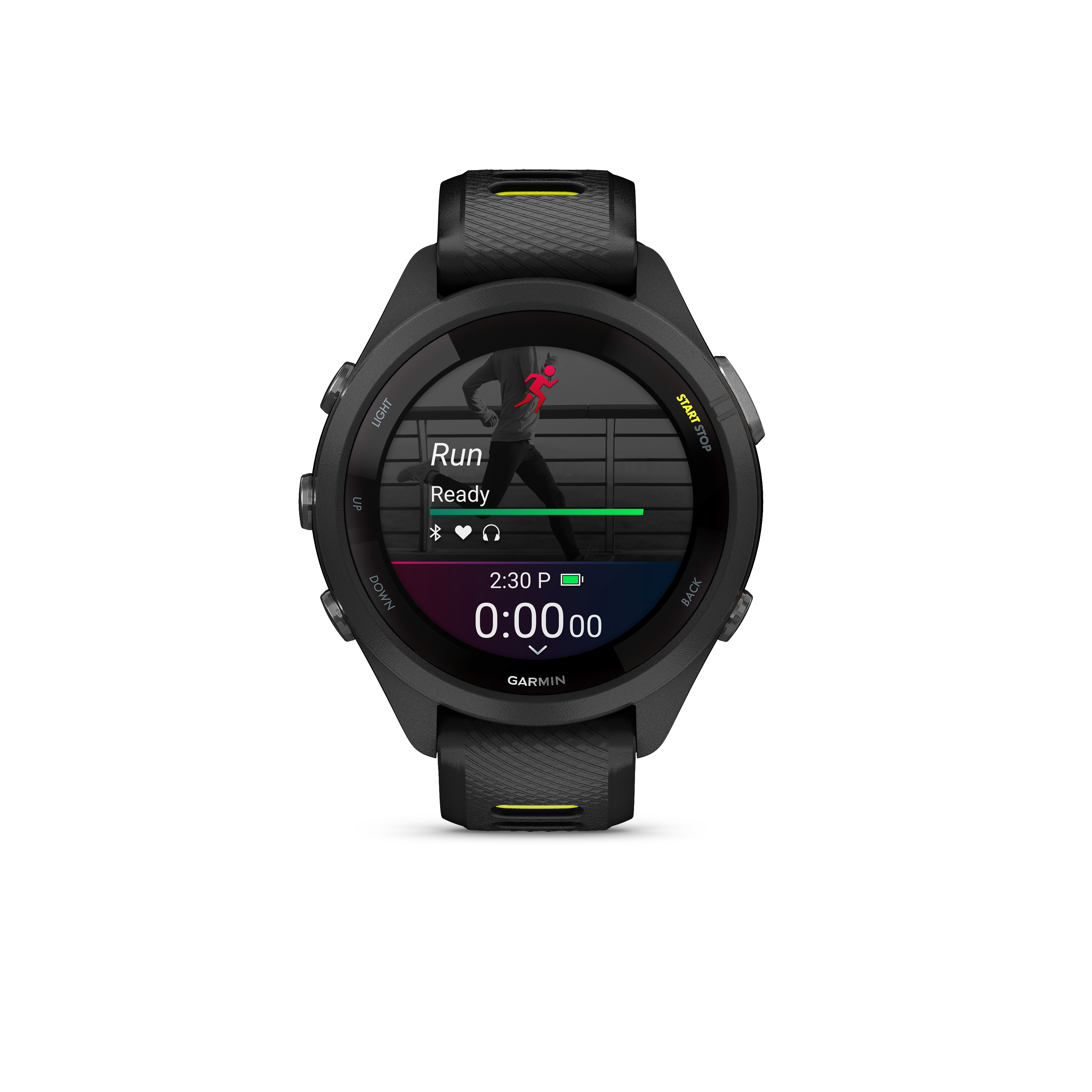 Schwarze Smartwatch mit Lauf-App, zeigt 0:00:00 und Akku an.