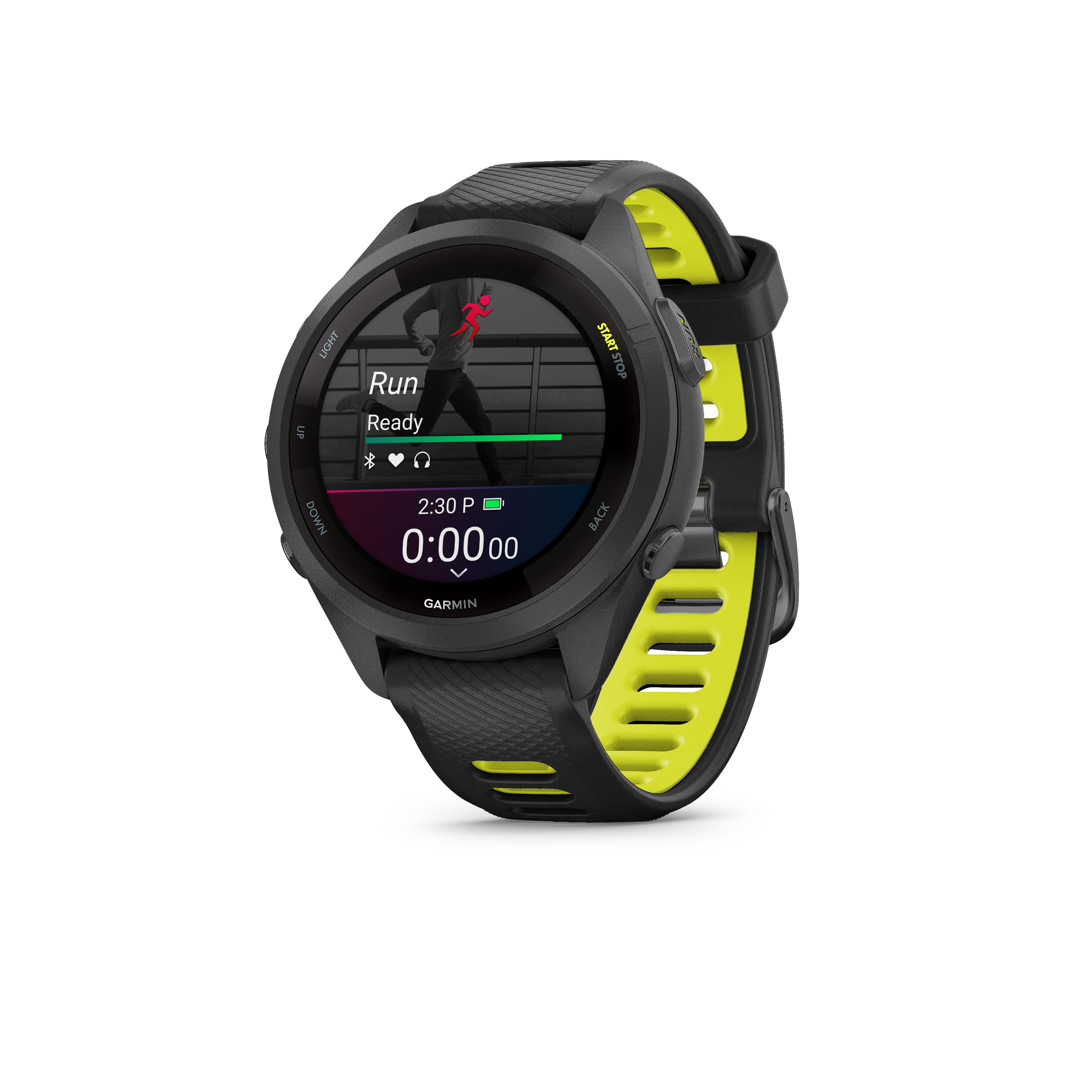 Eine schwarze Garmin Sportuhr mit gelben Akzenten und einem Läufer auf dem Display.