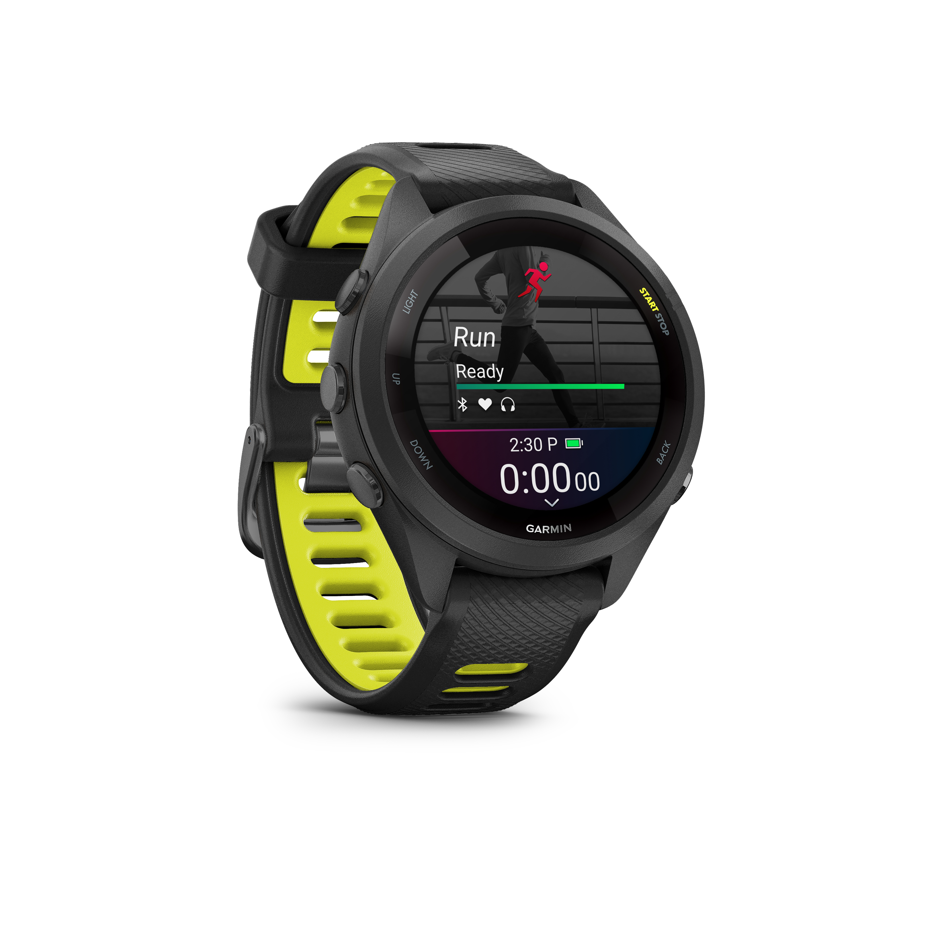 Schwarze und neongelbe Garmin-Sportuhr mit Laufbild auf dem Display.