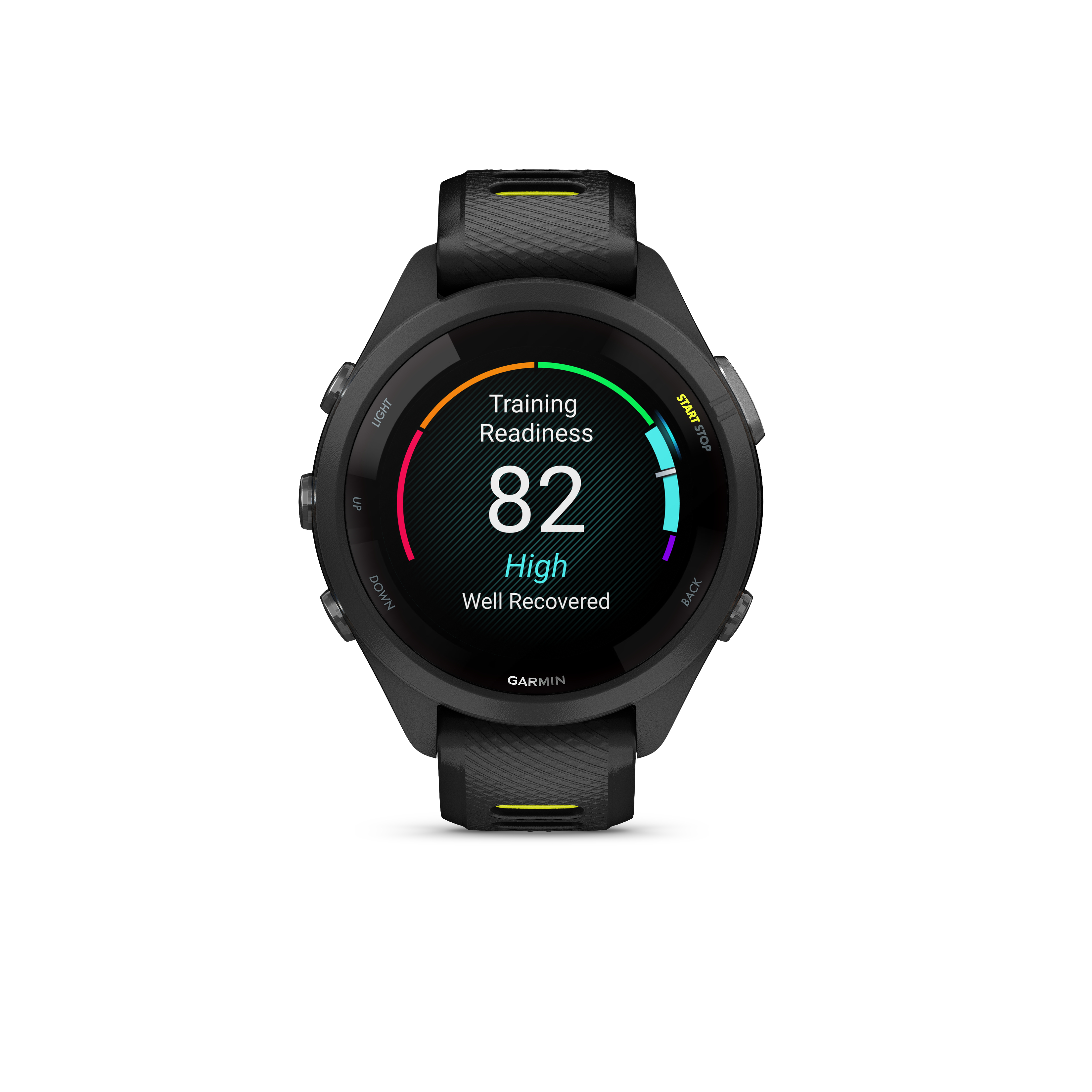 Schwarze Garmin-Smartwatch mit farbigem Display, das 82% Trainingsbereitschaft anzeigt.