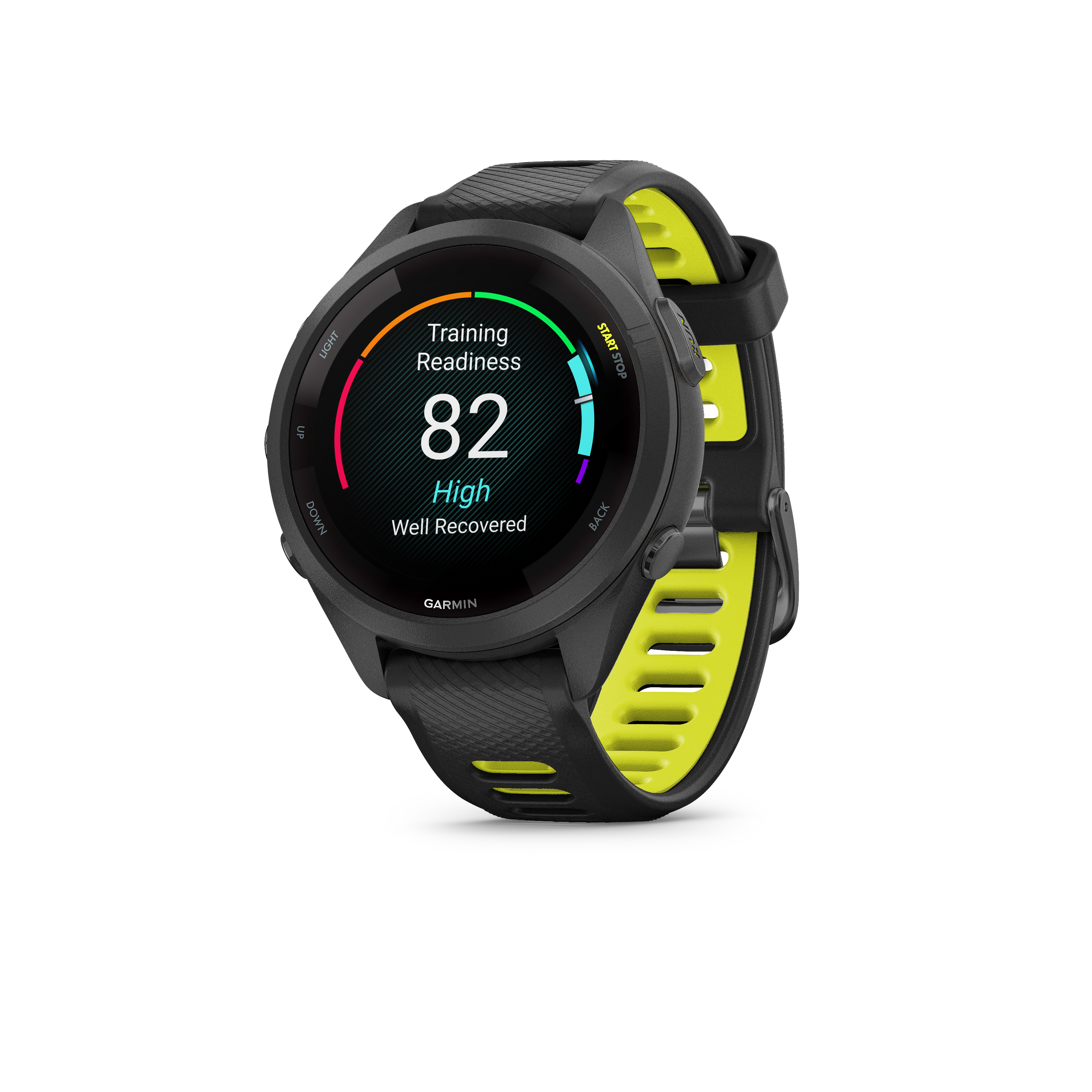 Schwarze Smartwatch mit neongelbem Armband zeigt Trainingsbereitschaft 82.