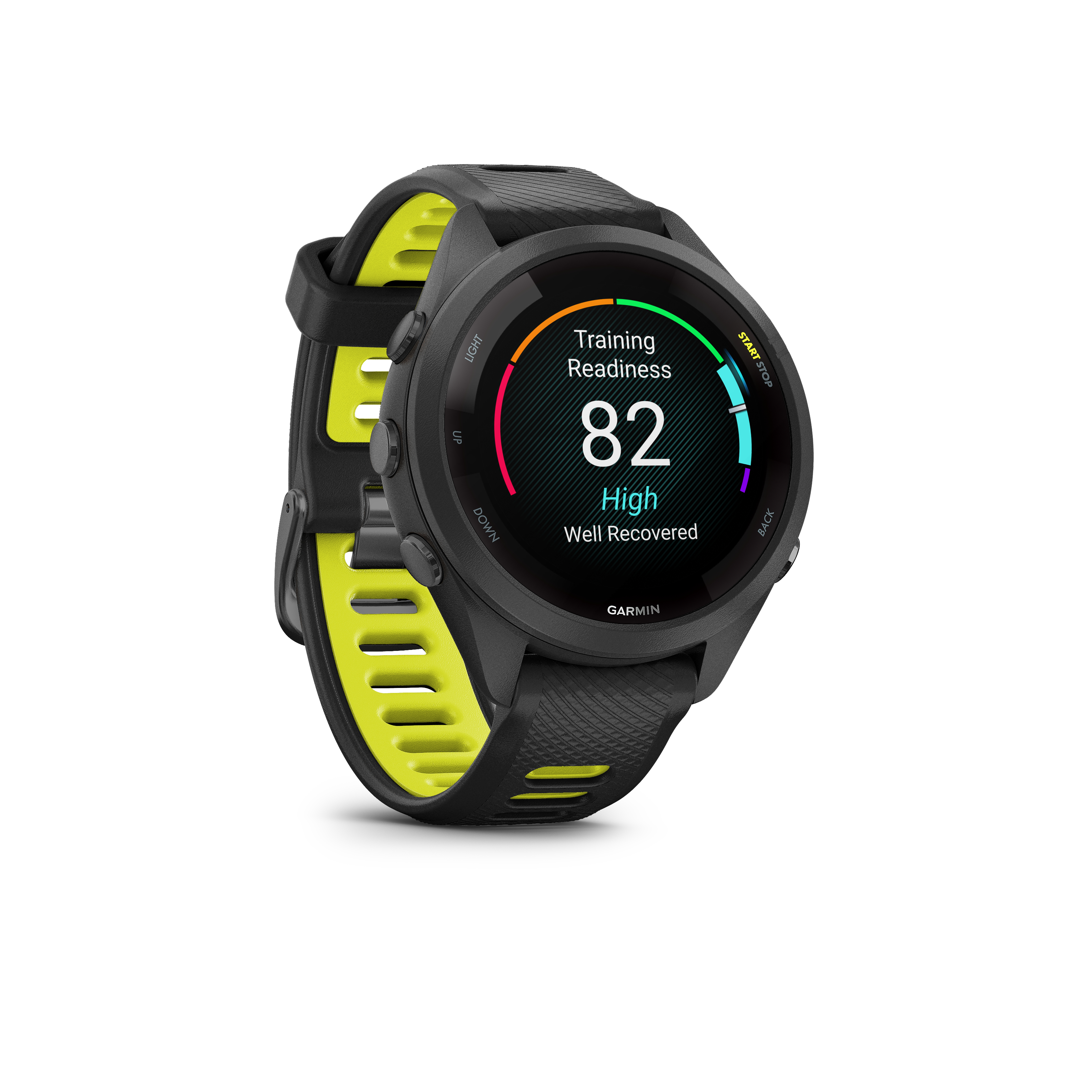 Schwarze Garmin-Sportuhr mit gelben Akzenten, zeigt Trainingsbereitschaft 82.