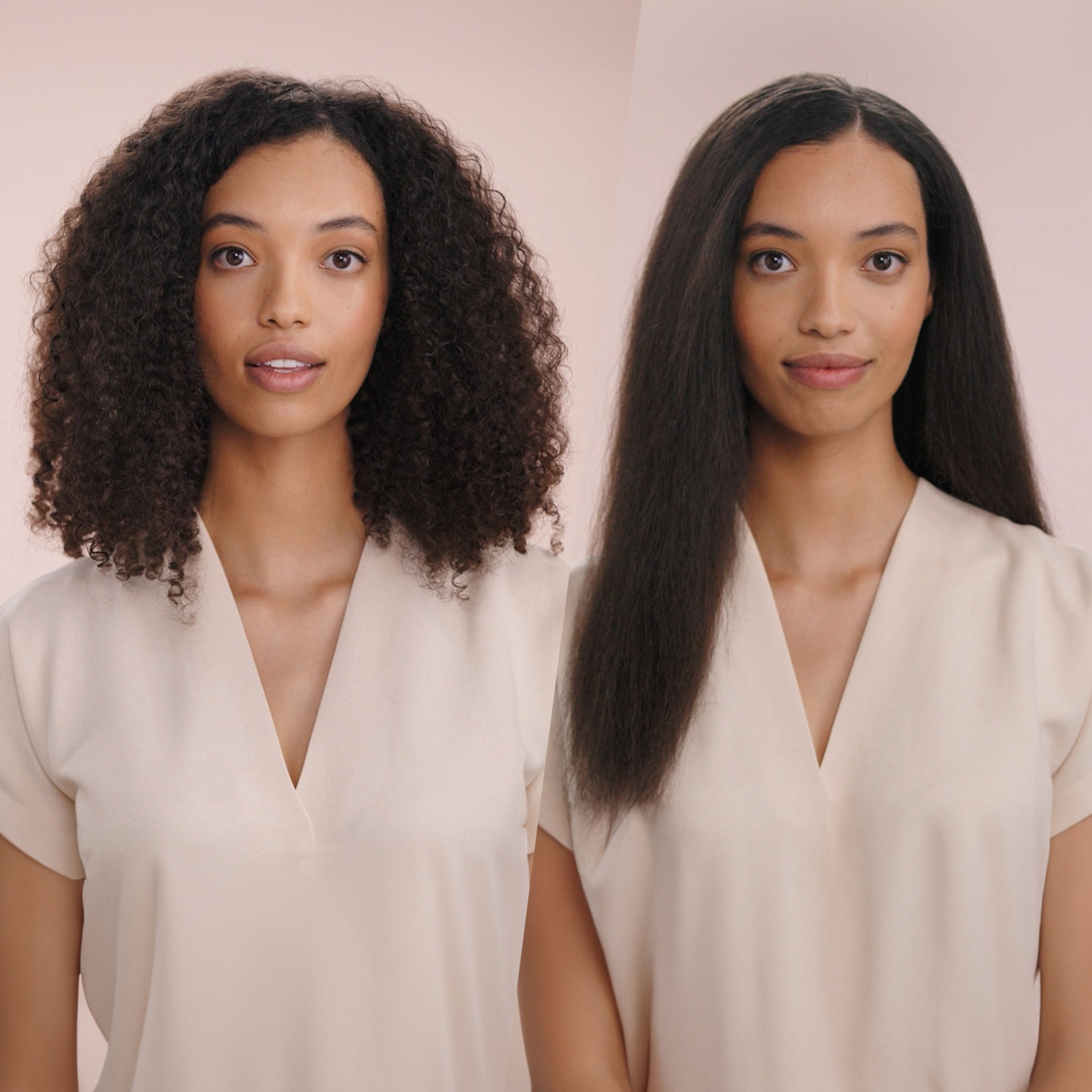 Schermo diviso prima e dopo di una donna con capelli ricci e lisci.