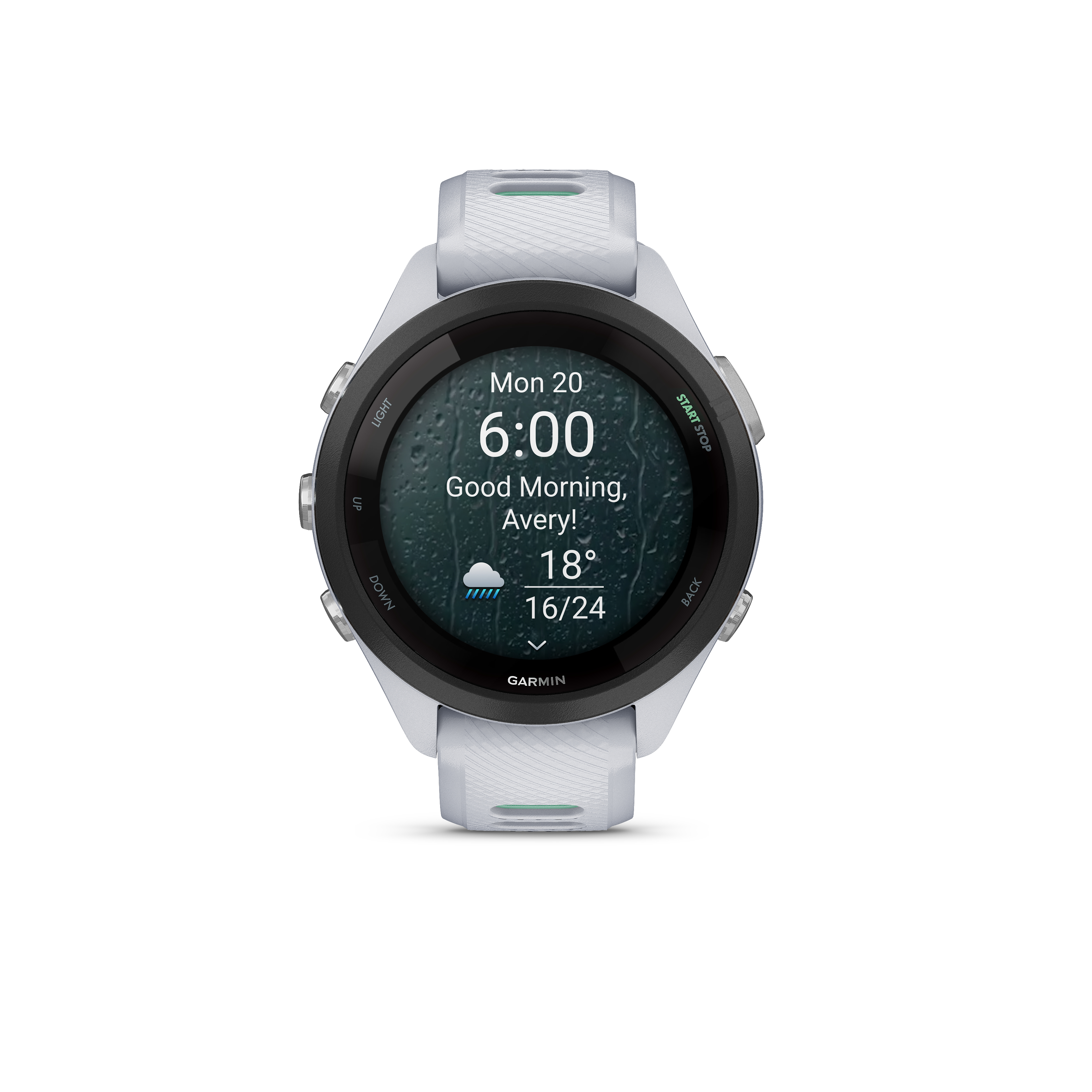 Weiße Garmin-Smartwatch mit Regensymbol, 18° und 6:00 Uhr.