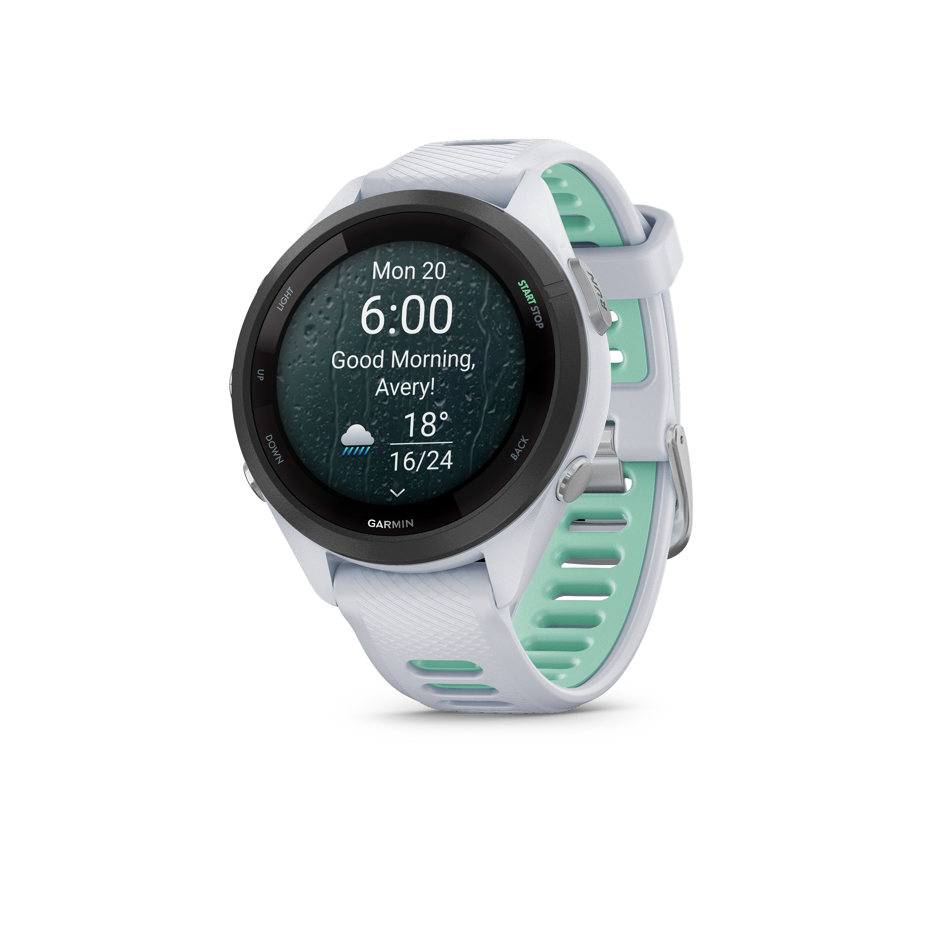 Eine weiße und mintgrüne Smartwatch zeigt 18 Grad und Regen an.