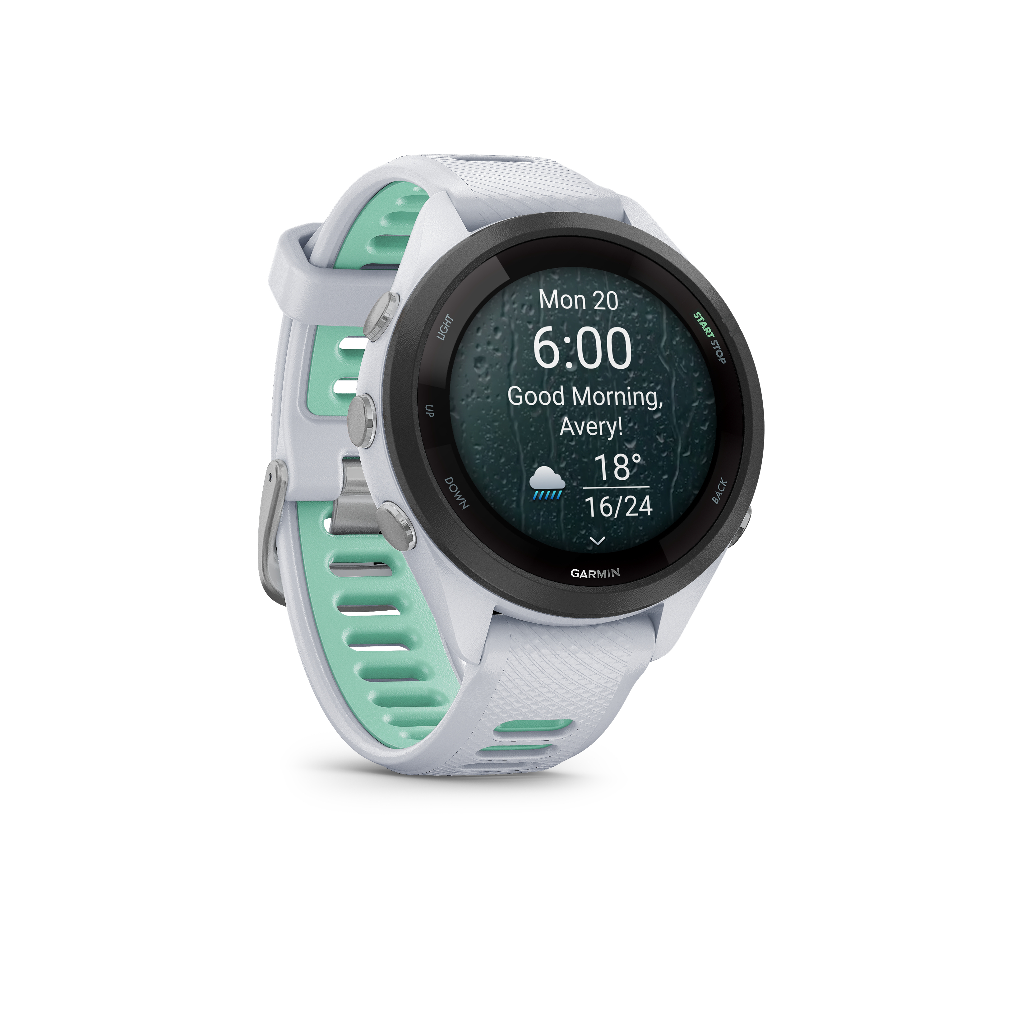 Eine weiße Garmin-Smartwatch mit mintgrünem Armband zeigt 6:00 Uhr und Regen an.