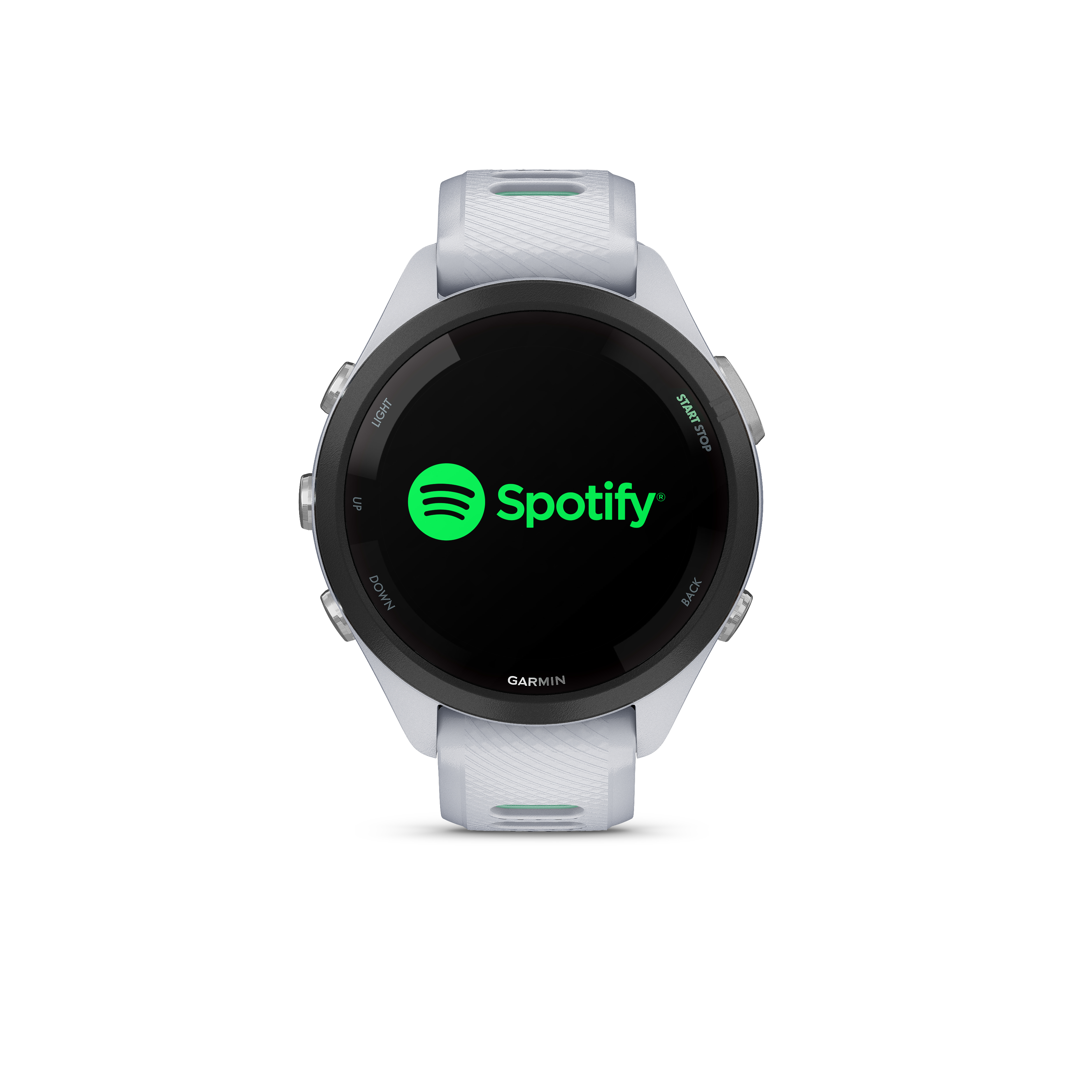 Eine weiße Smartwatch mit Spotify-Logo auf dem schwarzen Bildschirm.