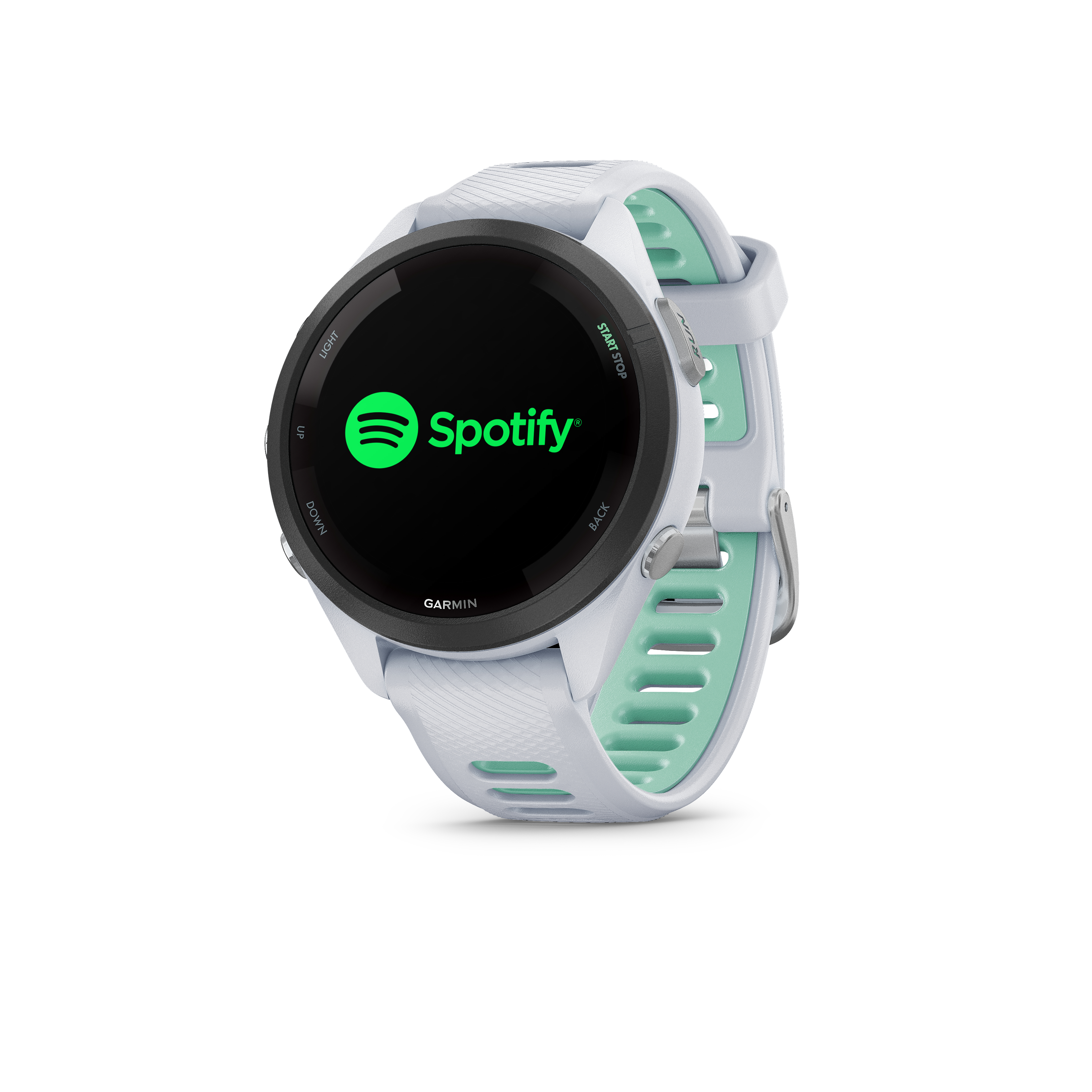Eine weiße Garmin-Smartwatch mit mintgrünem Armband zeigt das Spotify-Logo.