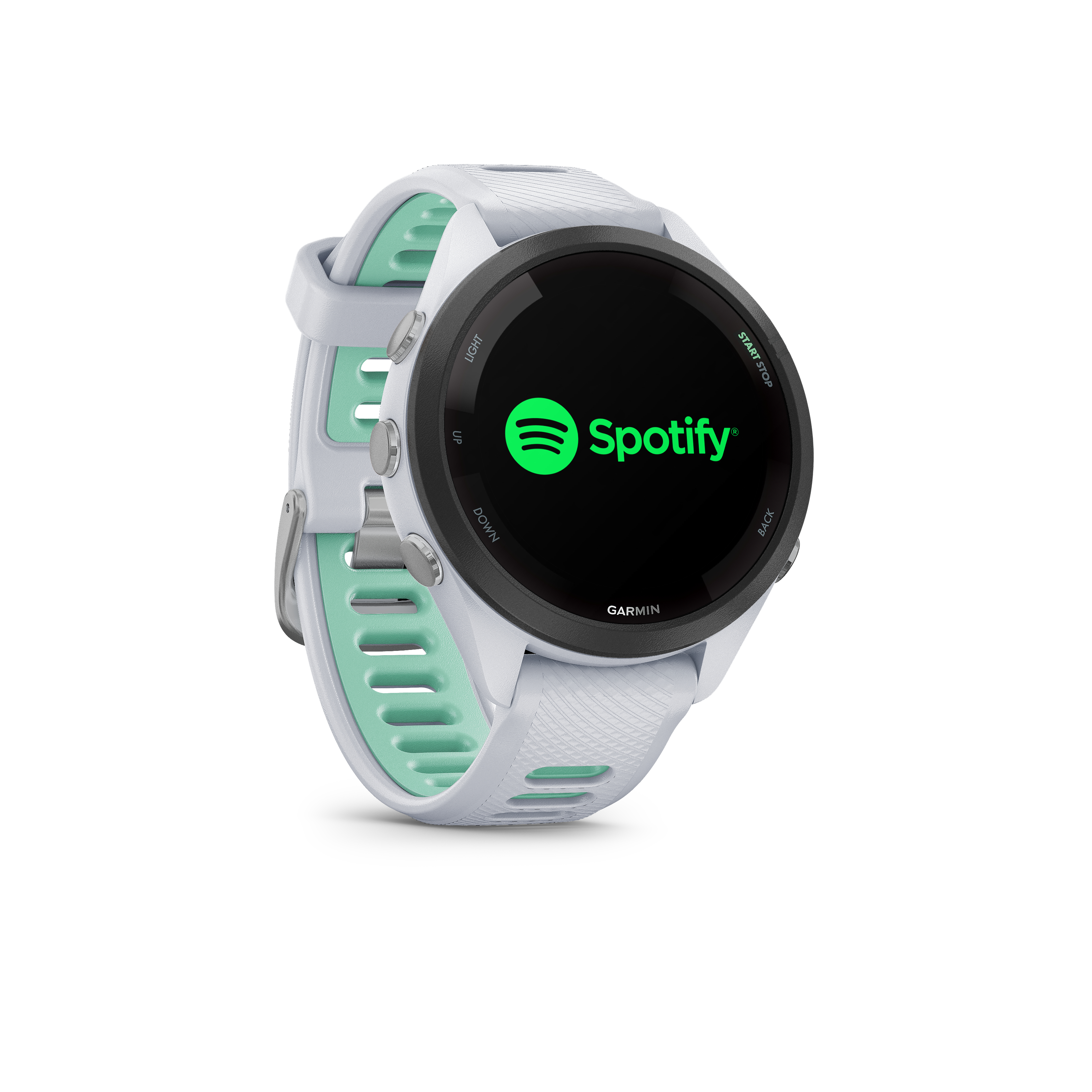 Weiße Smartwatch mit mintgrünem Armband, Spotify-Logo auf dem Display.