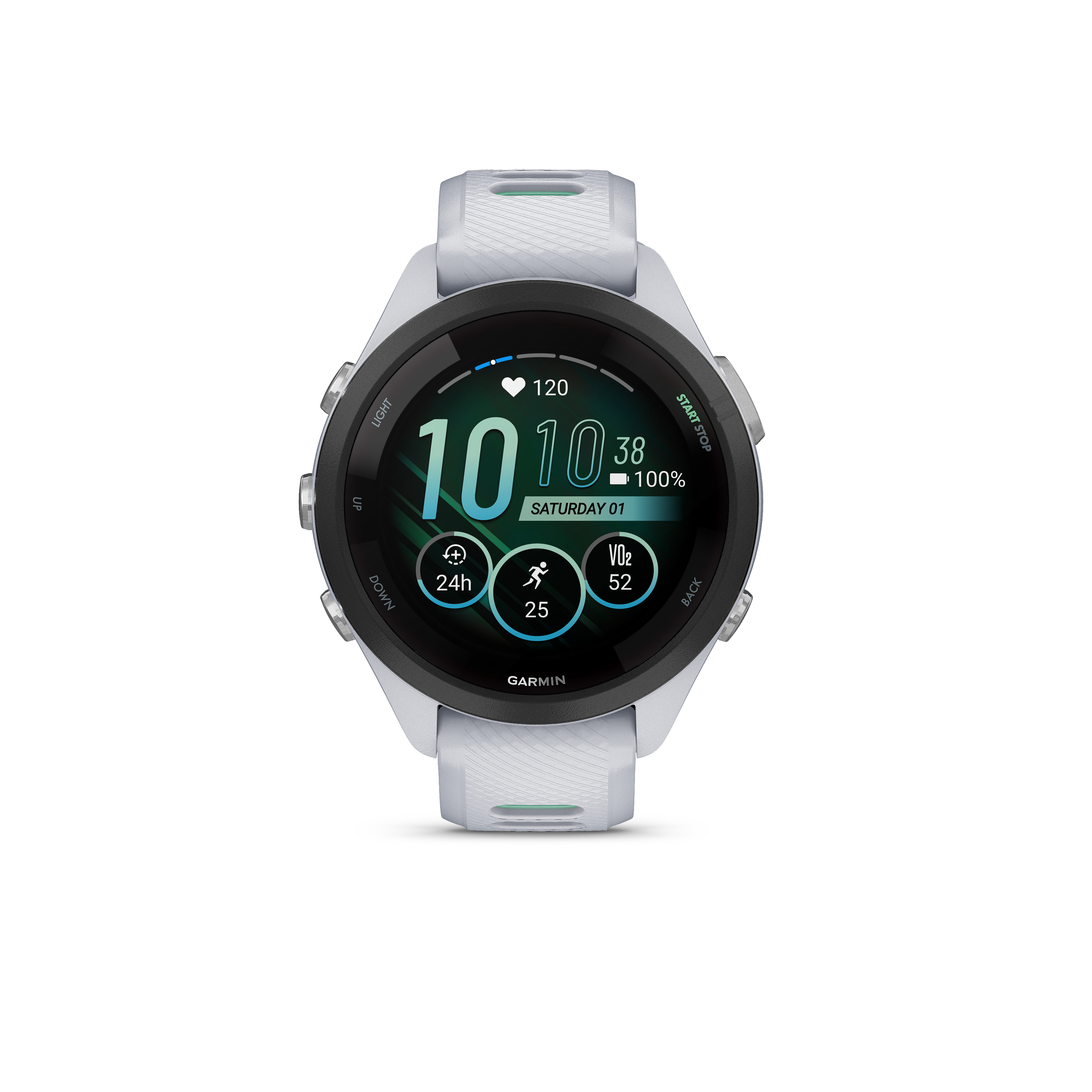 Eine weiße Garmin Smartwatch mit schwarzem Zifferblatt zeigt 10:10 Uhr.