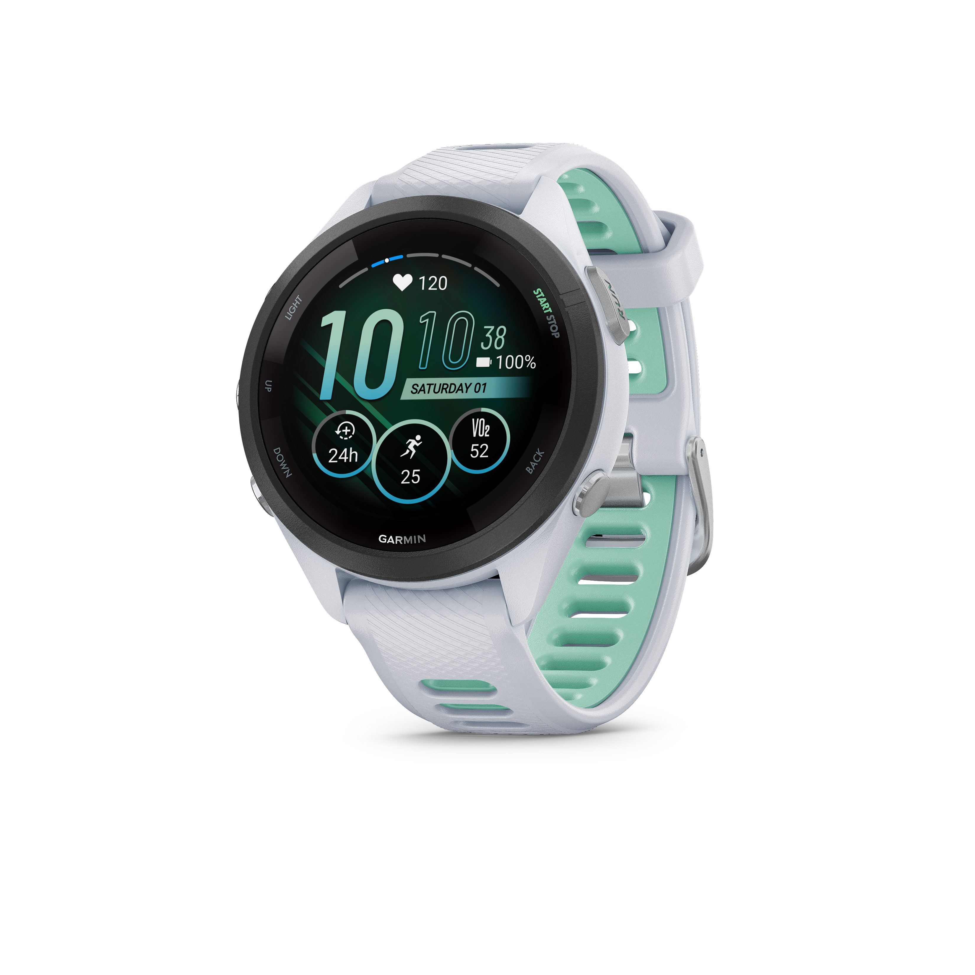 Eine weiße und mintgrüne Smartwatch mit schwarzem Display und silbernen Knöpfen.