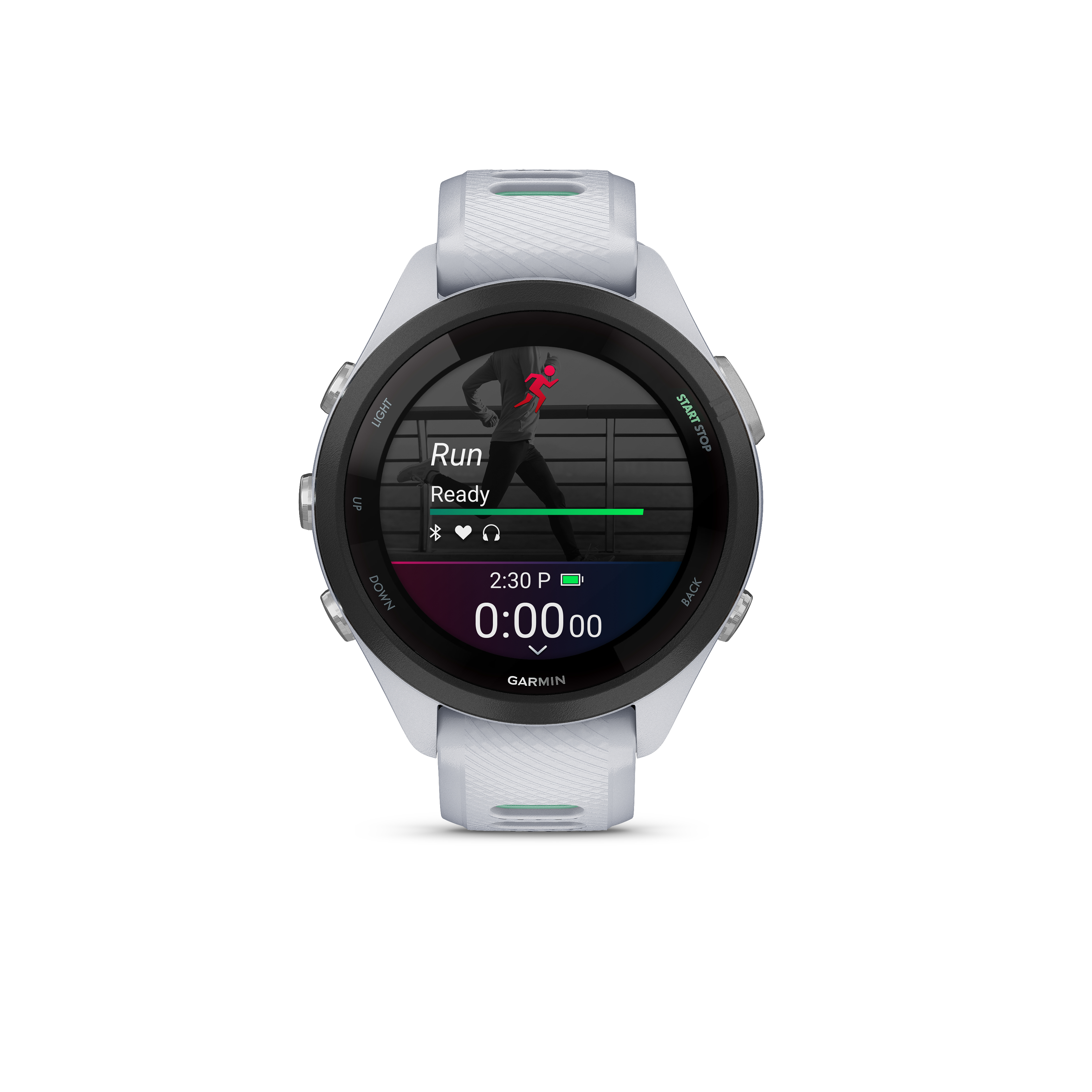 Eine weiße Garmin-Smartwatch mit einem Laufbildschirm, der eine Laufzeit anzeigt.