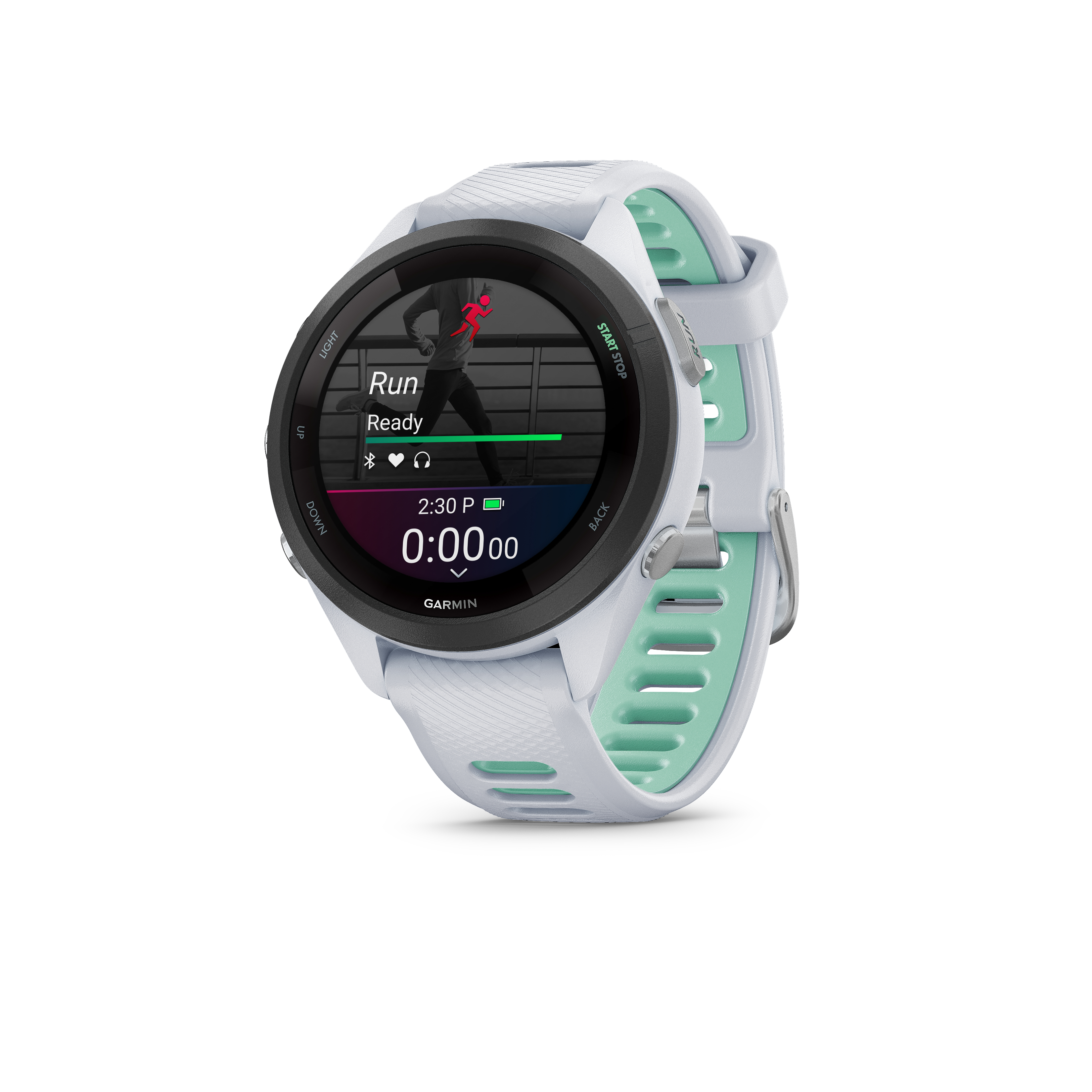 Eine weiße Garmin-Smartwatch mit mintgrünem Armband zeigt 