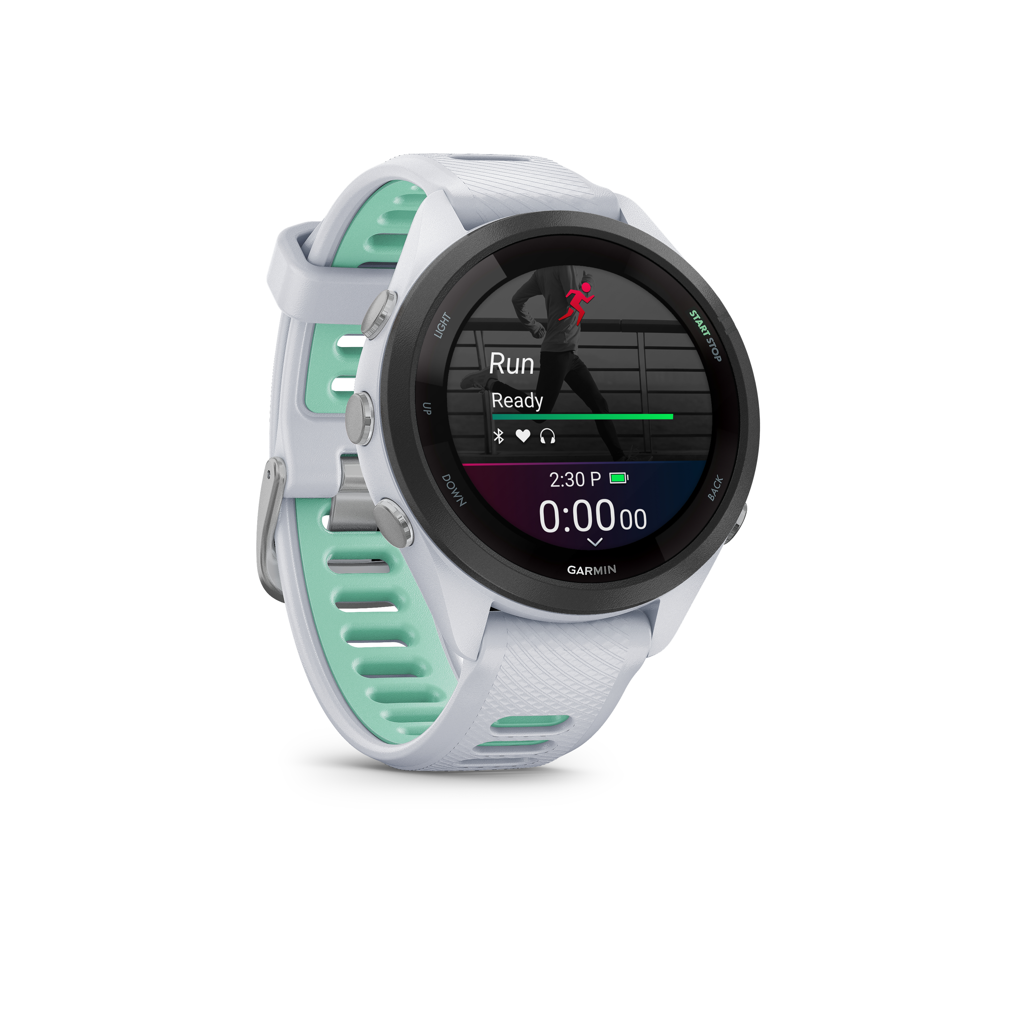 Eine weiße Garmin-Sportuhr mit mintgrünen Akzenten, die bereit zum Laufen ist.