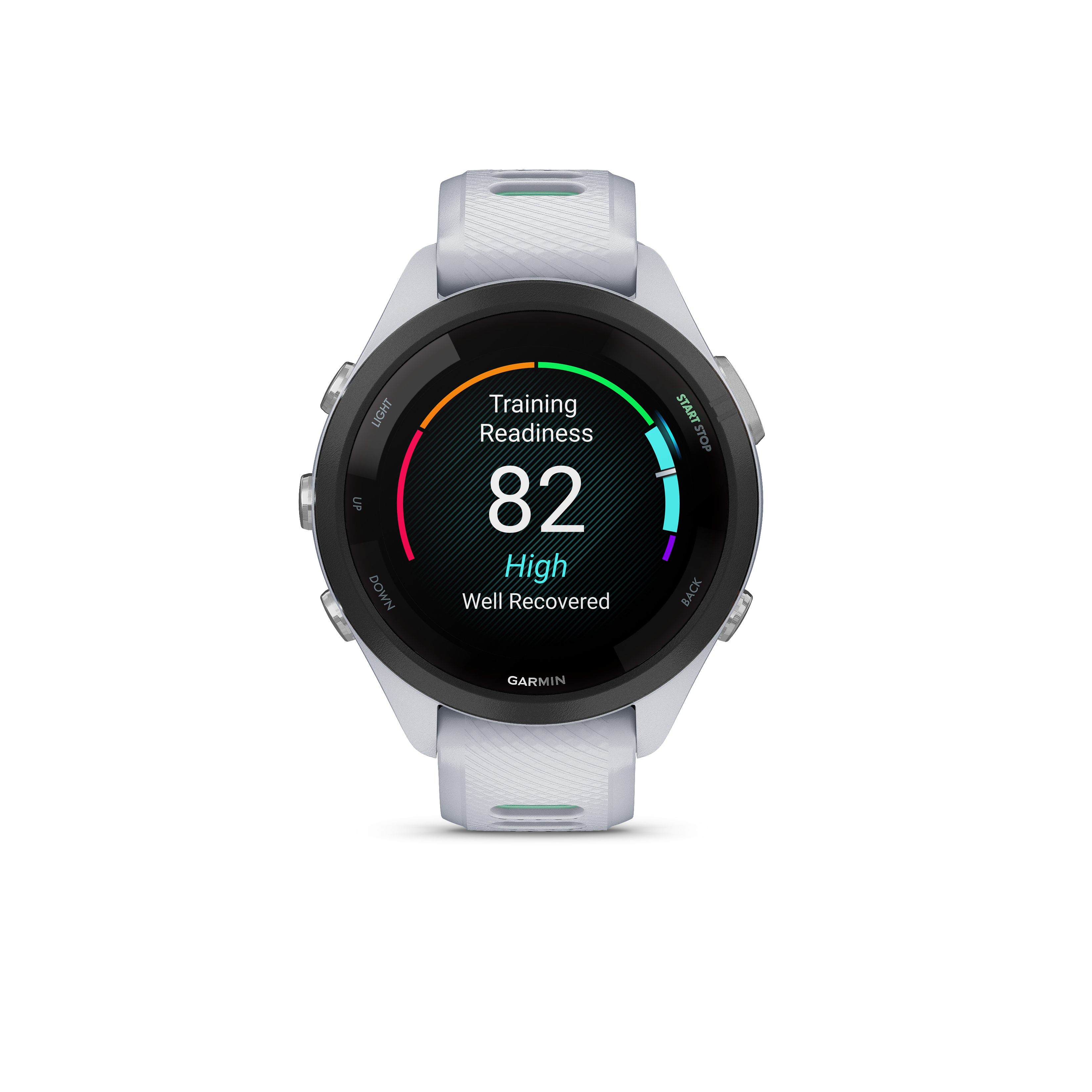 Eine graue Garmin-Smartwatch zeigt 82 für Training Readiness, High, Well Recovered.