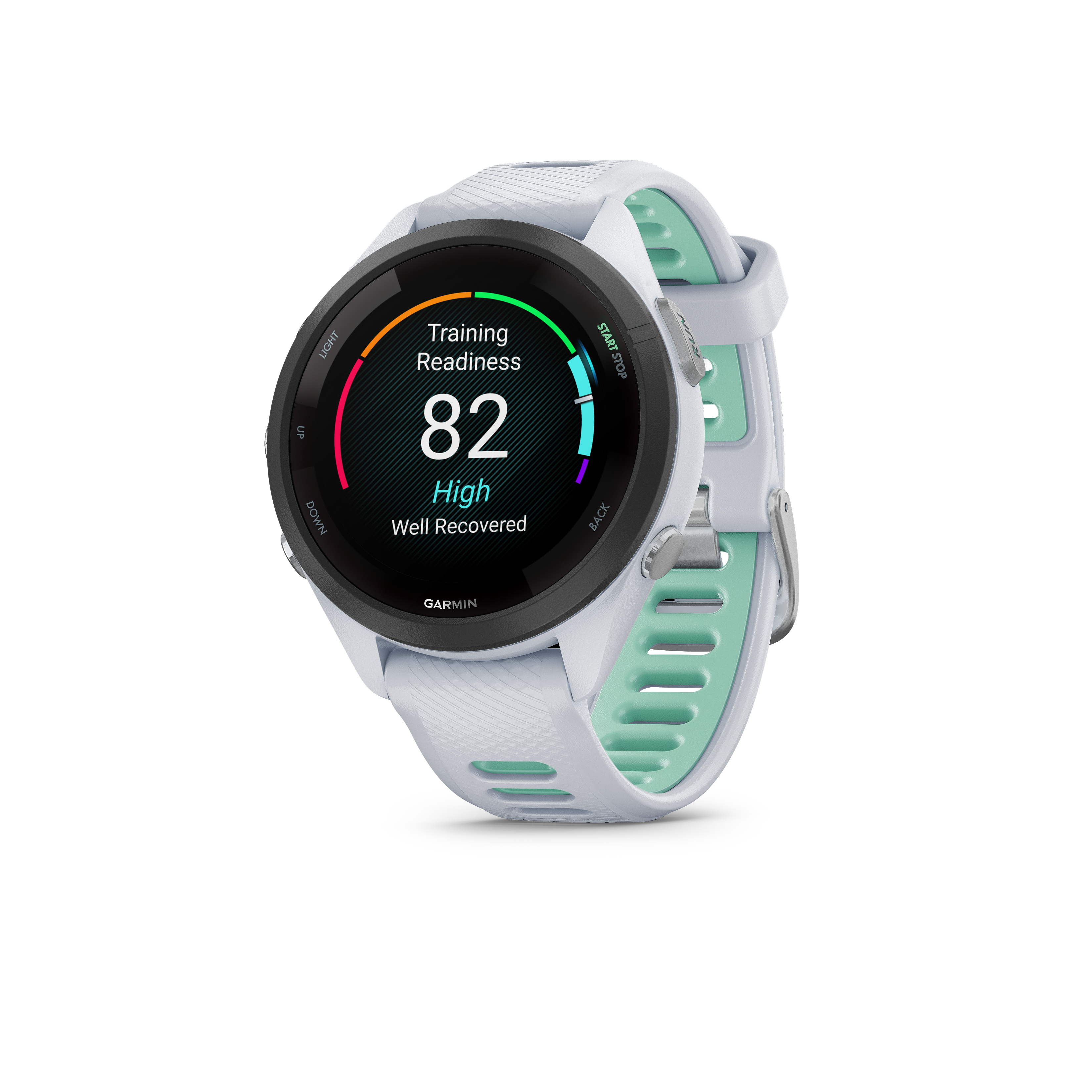 Eine weiße Garmin-Smartwatch mit mintgrünem Armband zeigt Training Readiness 82.