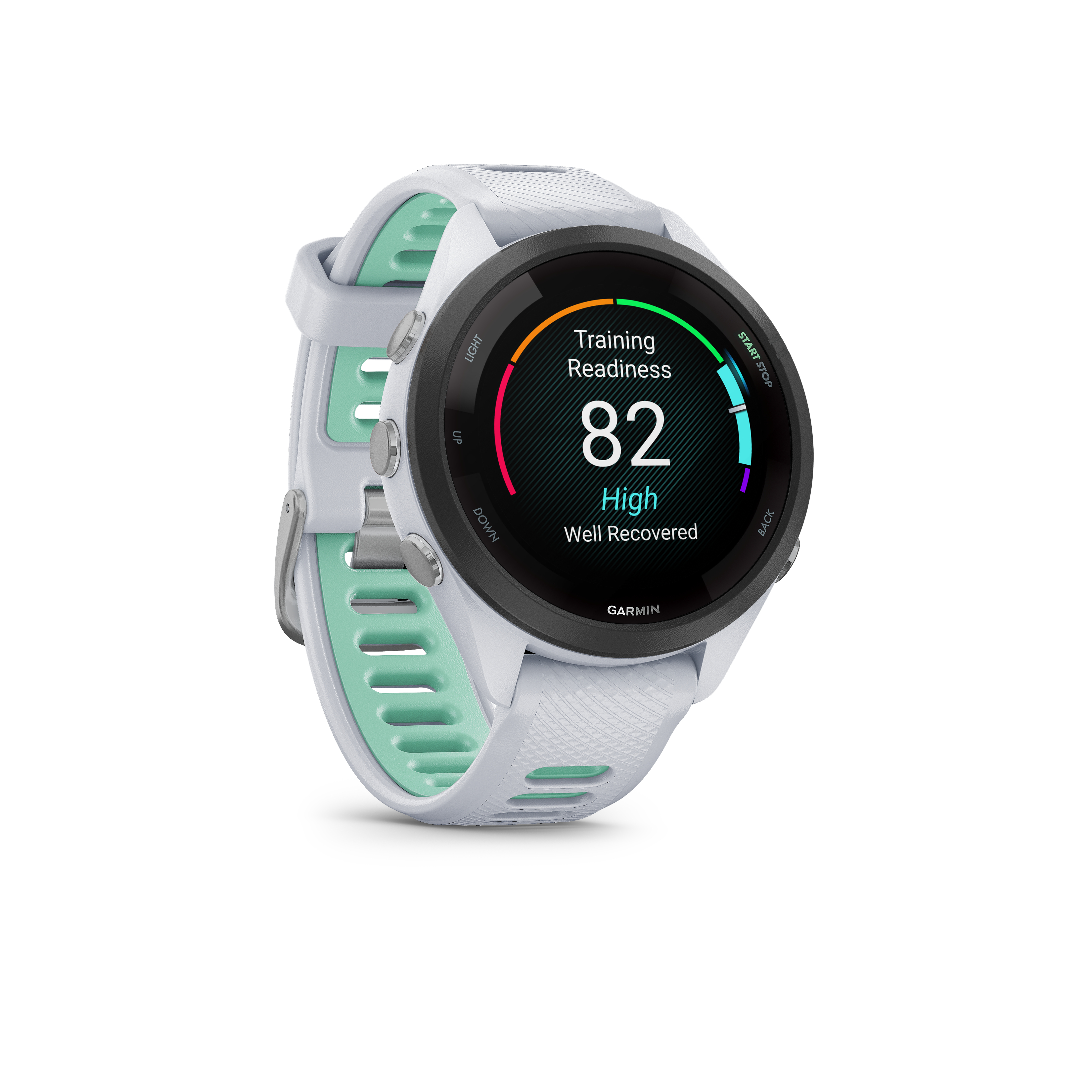 Eine weiße Garmin-Smartwatch mit mintgrünen Akzenten zeigt 