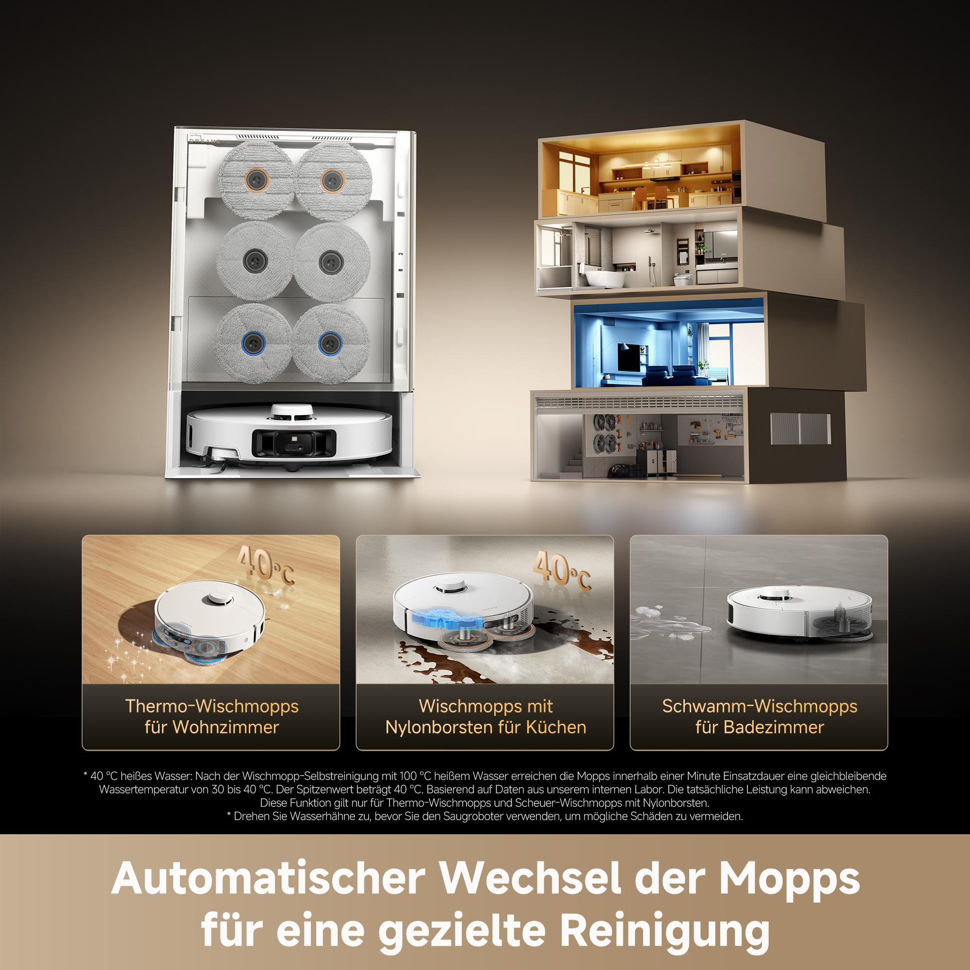 Roboterstaubsauger mit austauschbaren Mopps für verschiedene Reinigungsaufgaben.